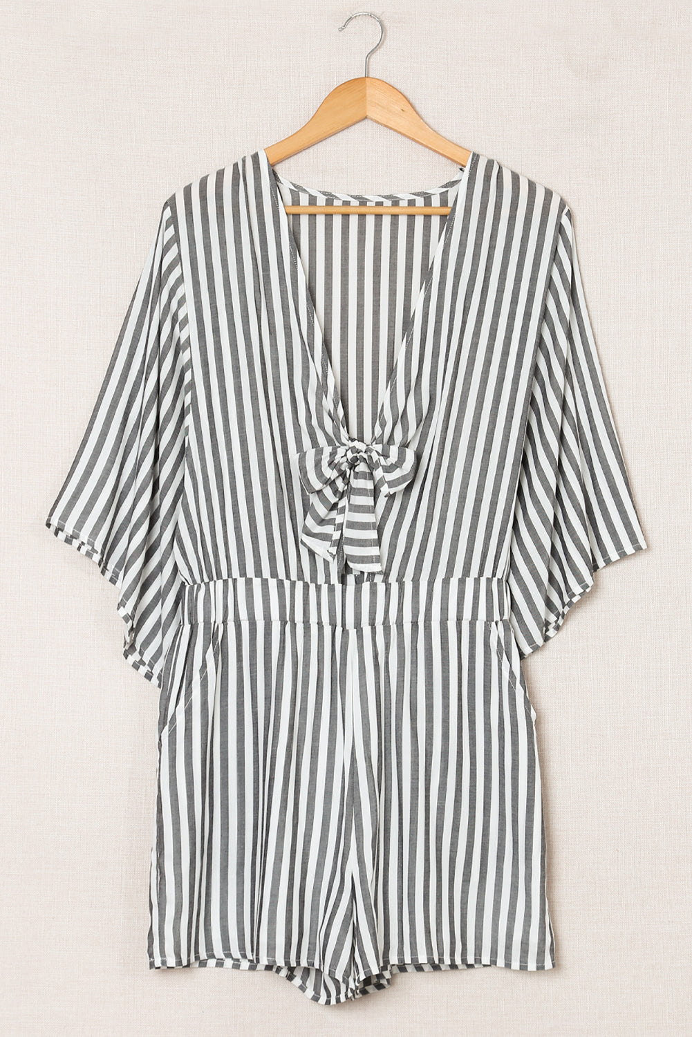 Women's Romper Featuring Kimono Sleeves Tie Front Striped