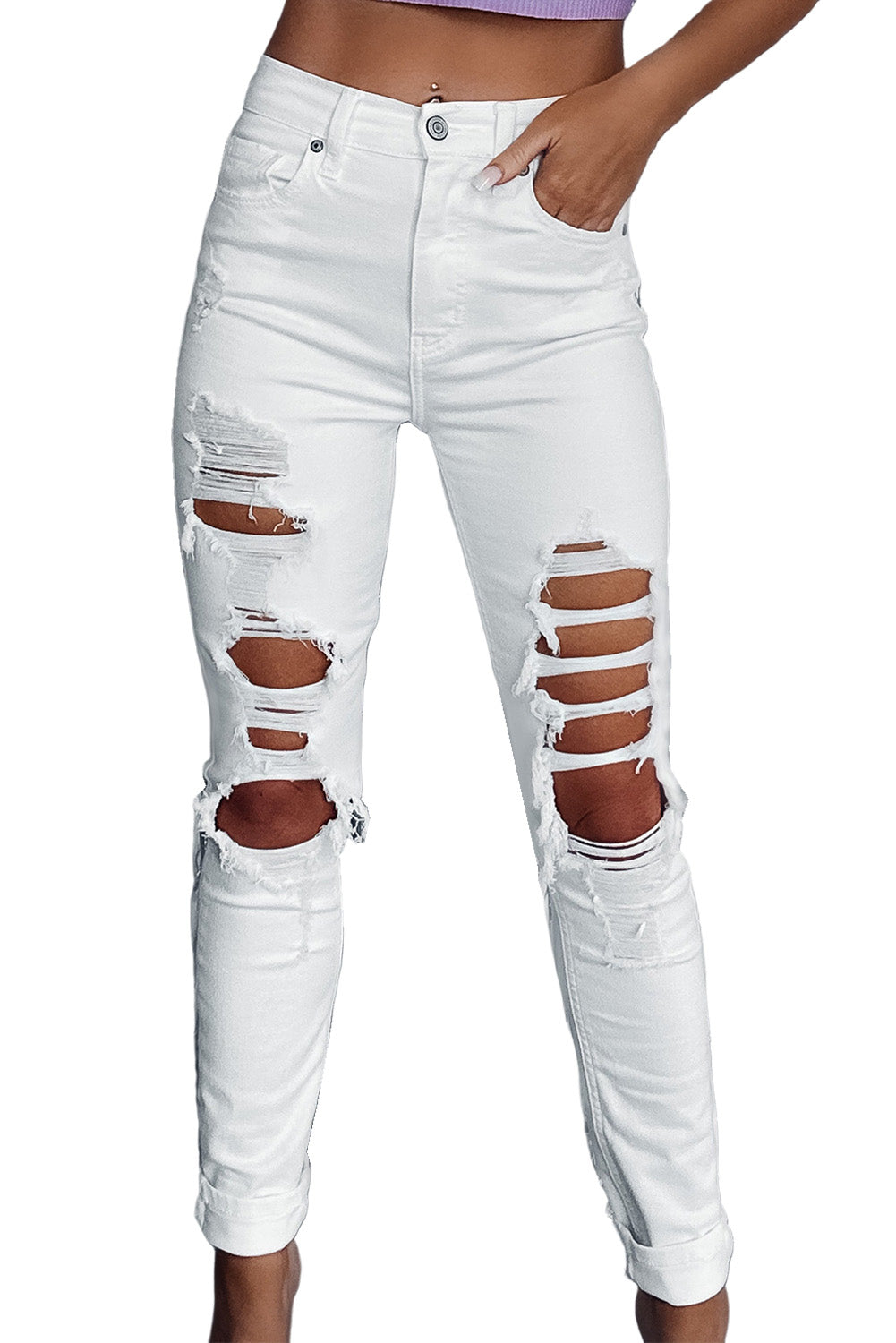 Jean skinny taille haute blanc déchiré et déchiré