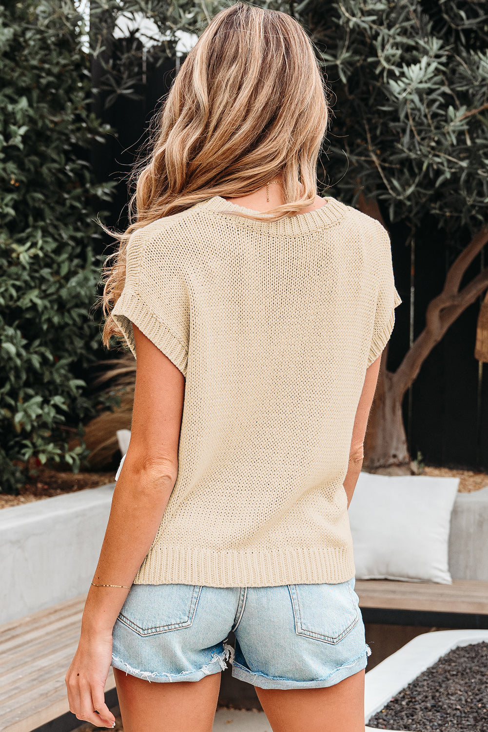 Applique Cap Bowknot Cap Sleeve Knit Top