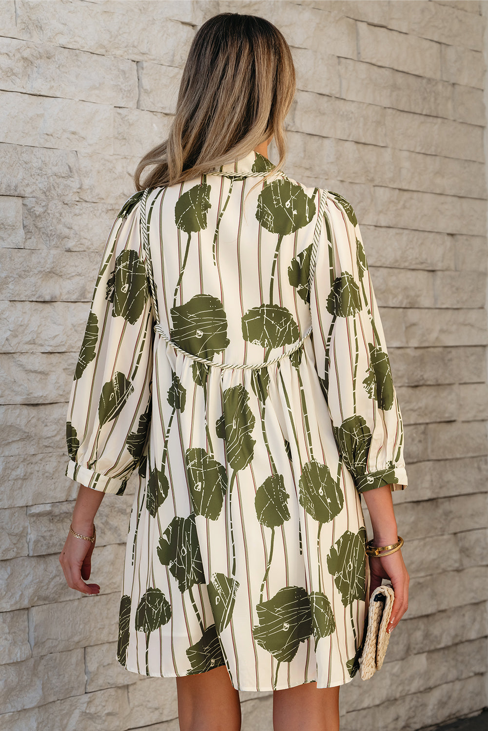 Floral Striped Print Contrast Piping Puff Sleeve Dress