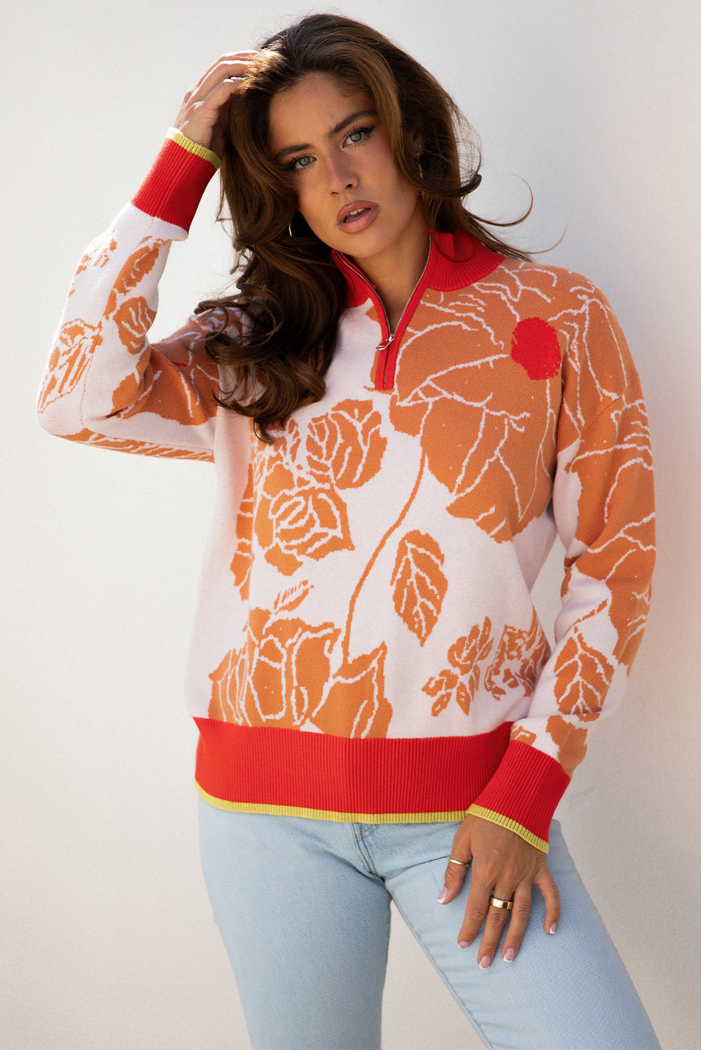 Zip Floral Half Collared Pullover Knit Top