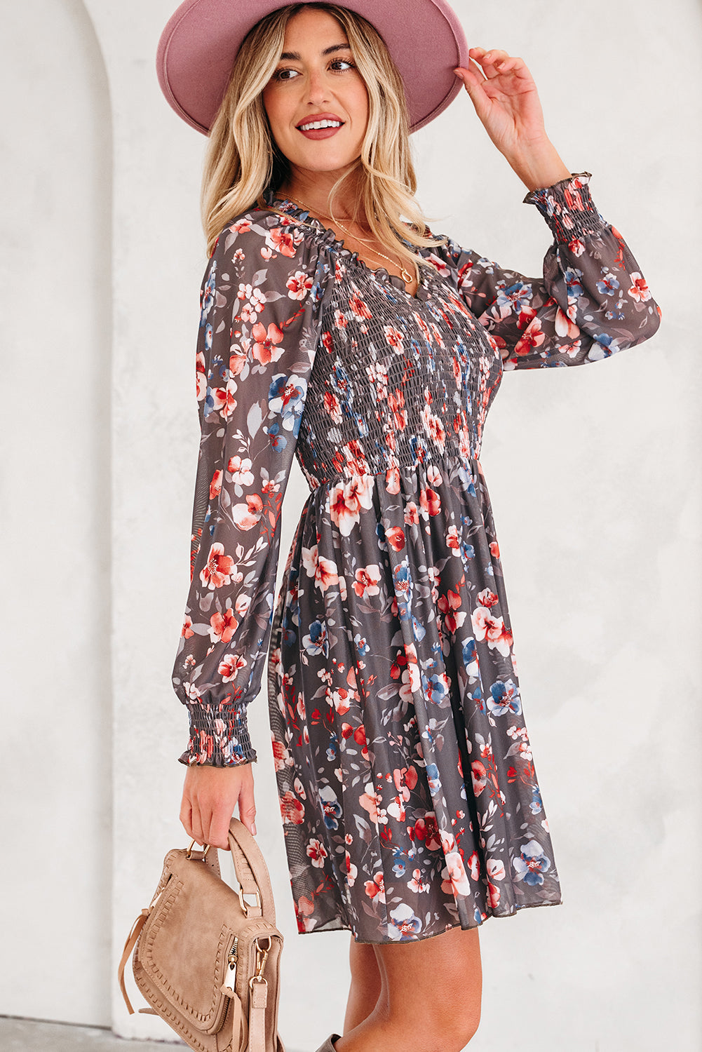 Smocked Bodice Frilly Bodice Floral Mesh Long-Sleeved Mini Dress