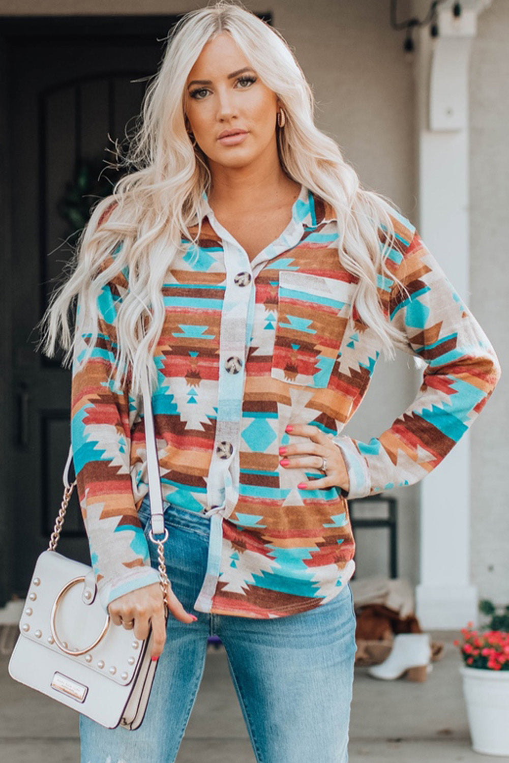 Shacket for Women Aztec Button-Front Pocket Chest Shirt