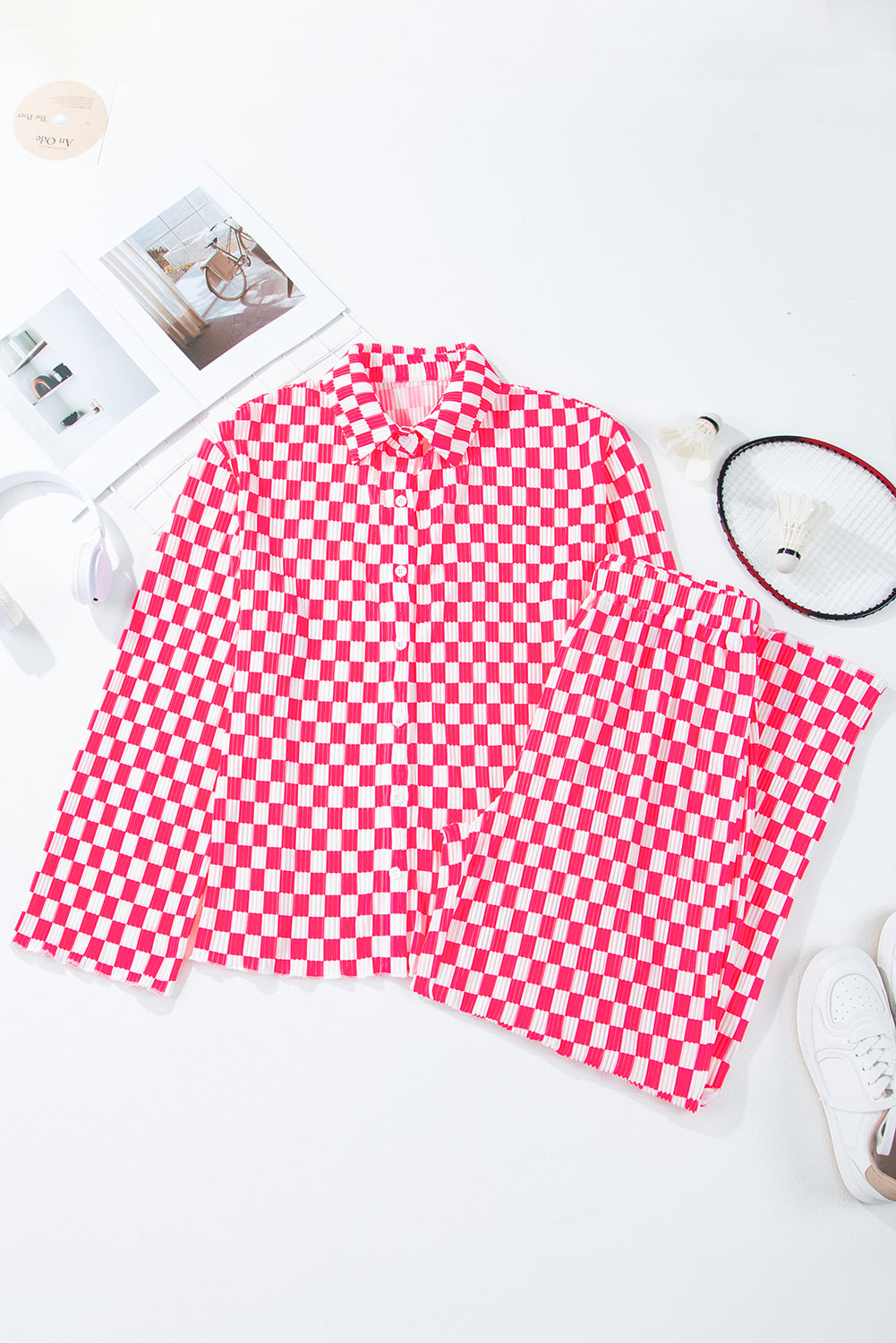 Checkered and Button-Front Shirt High-Waisted Pants Pajama Set in Pink