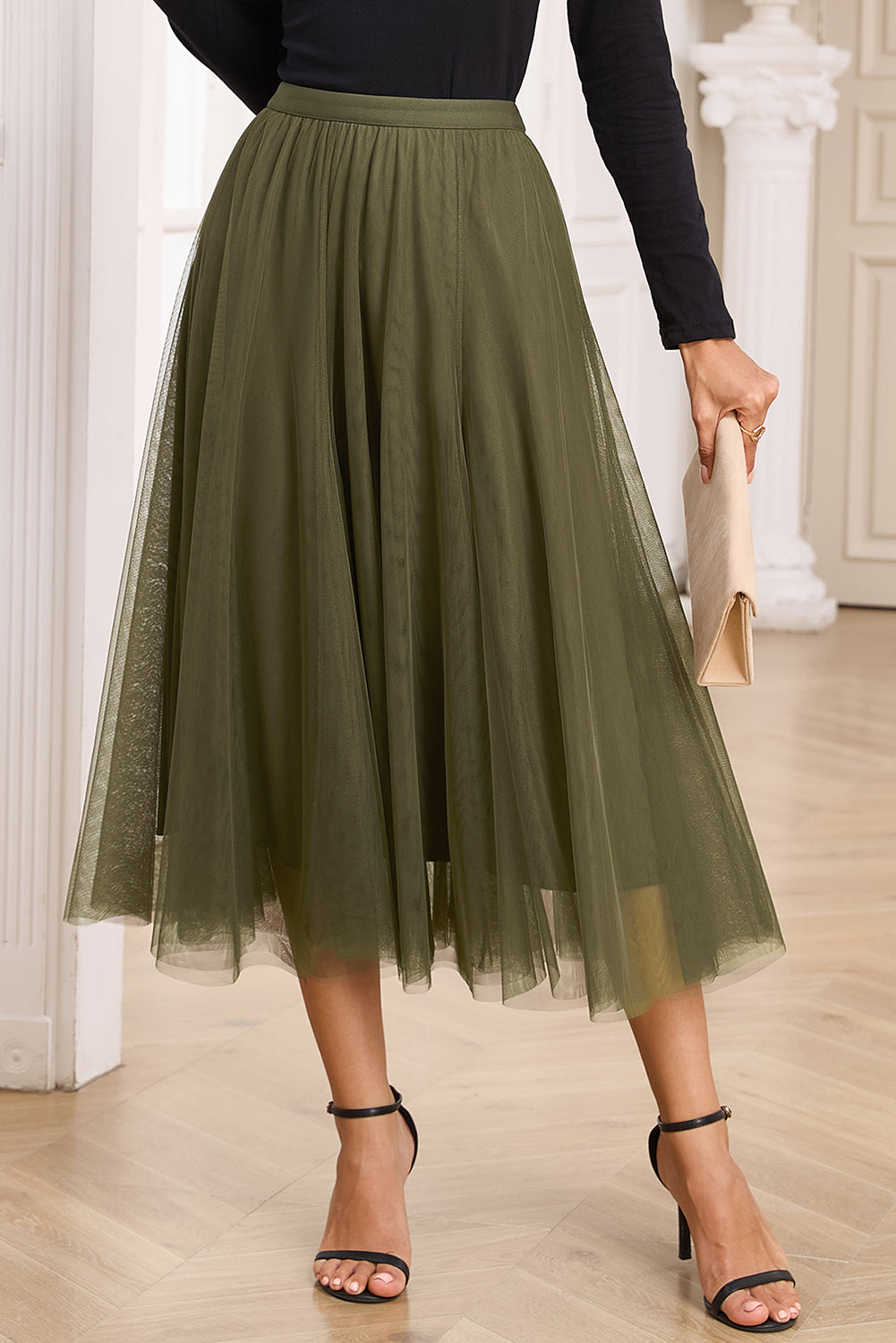 Tulle Mesh Overlay Flared Midi Skirt in Jungle Green