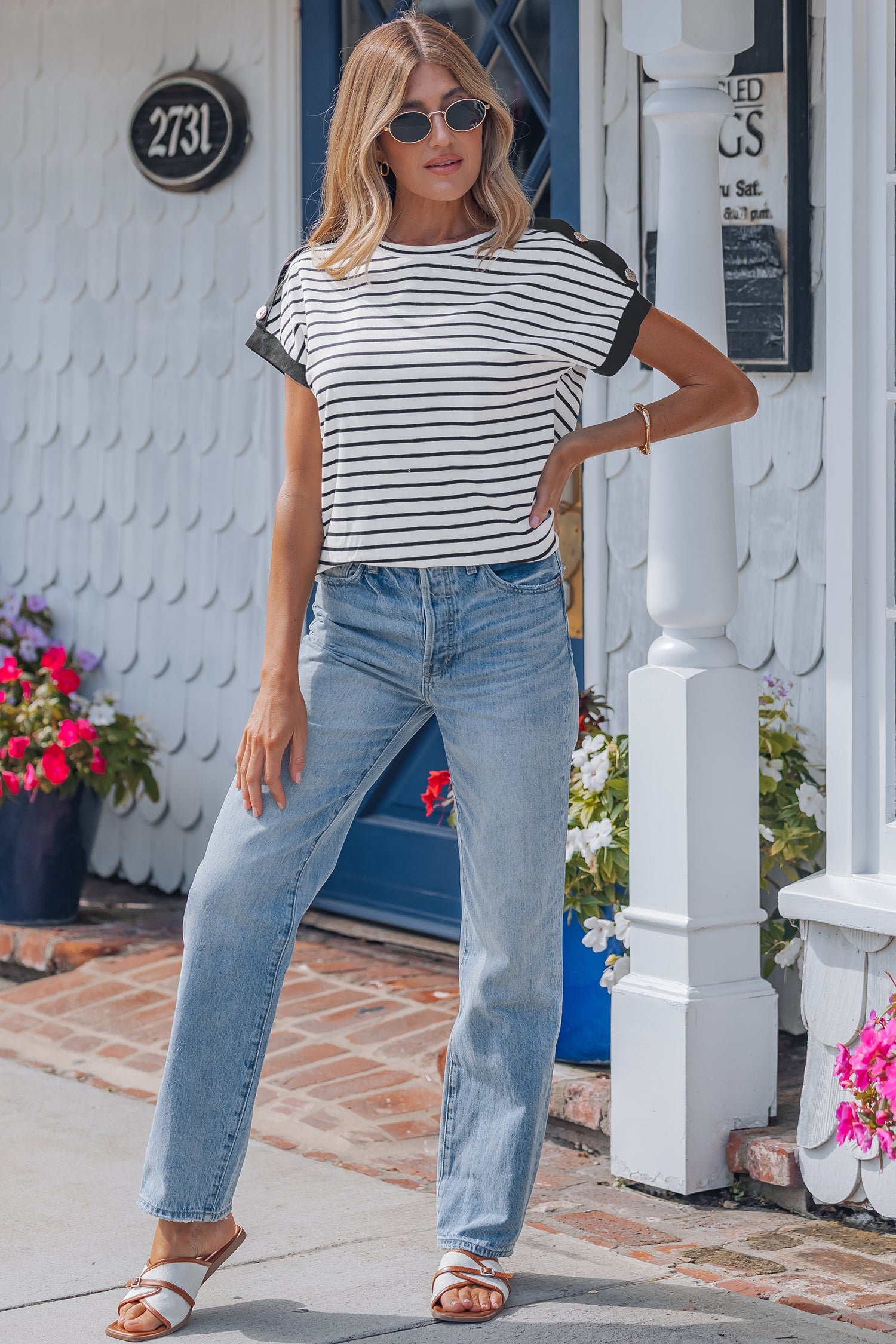 Cuffed Sleeve Stripe Sleeve Button Detail Loose Tee in Black