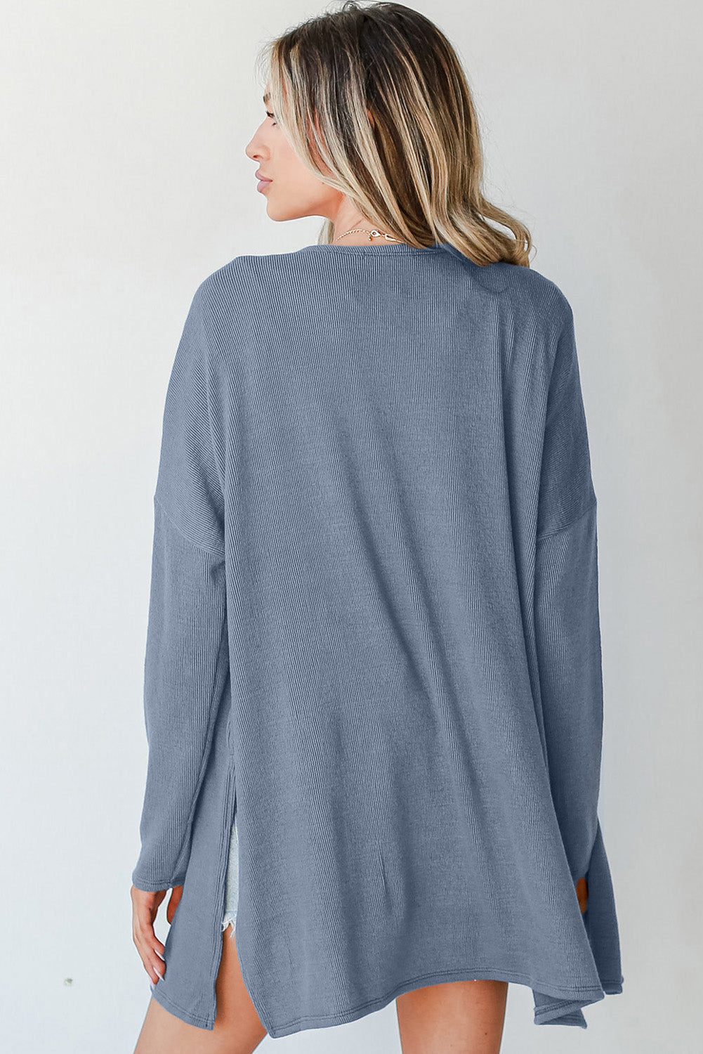 Solid Rib-Knit Open-Front Tunic Cardigan in Ashleigh Blue