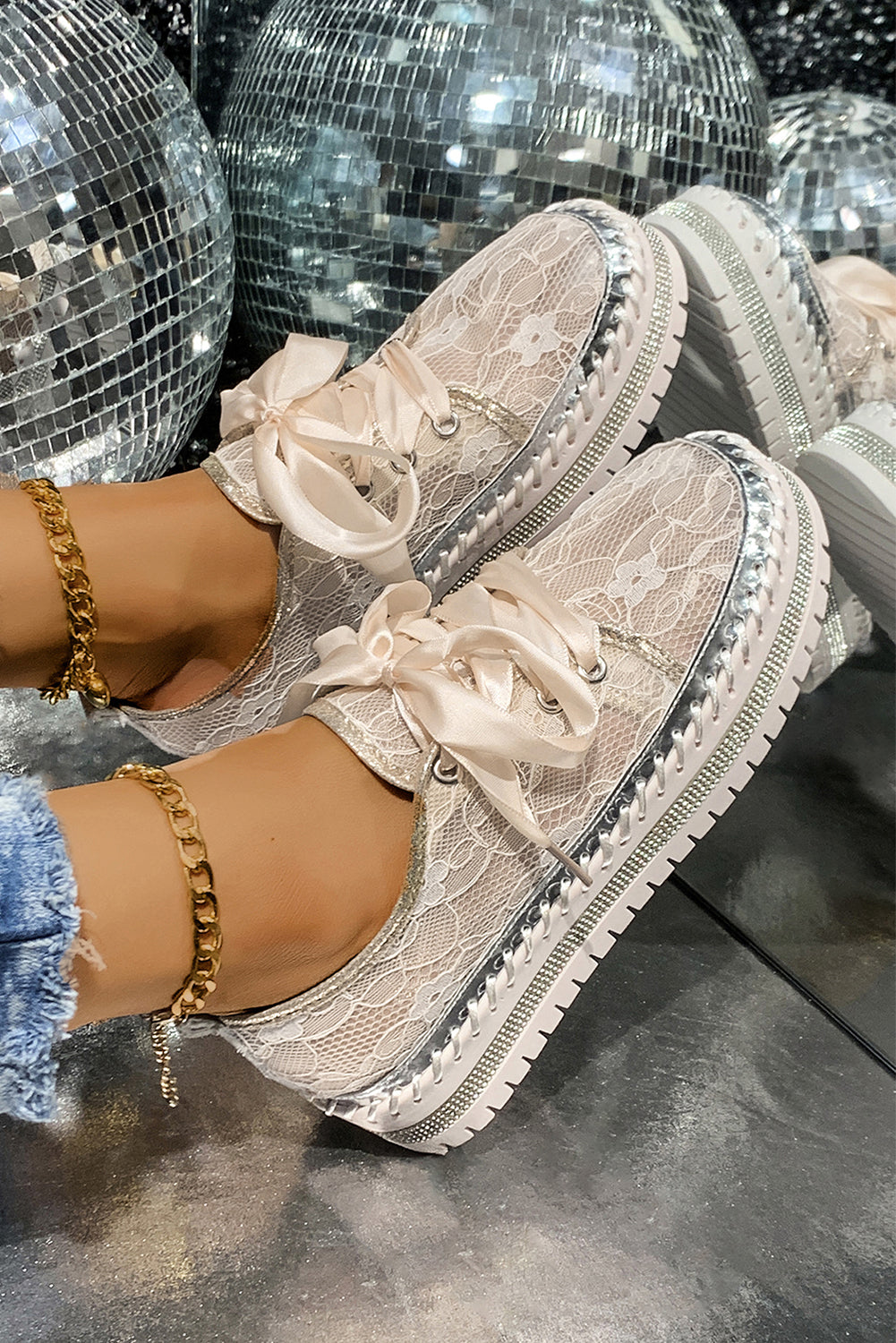 Ribbon Tie Stitch Detail Lace Flat Shoes