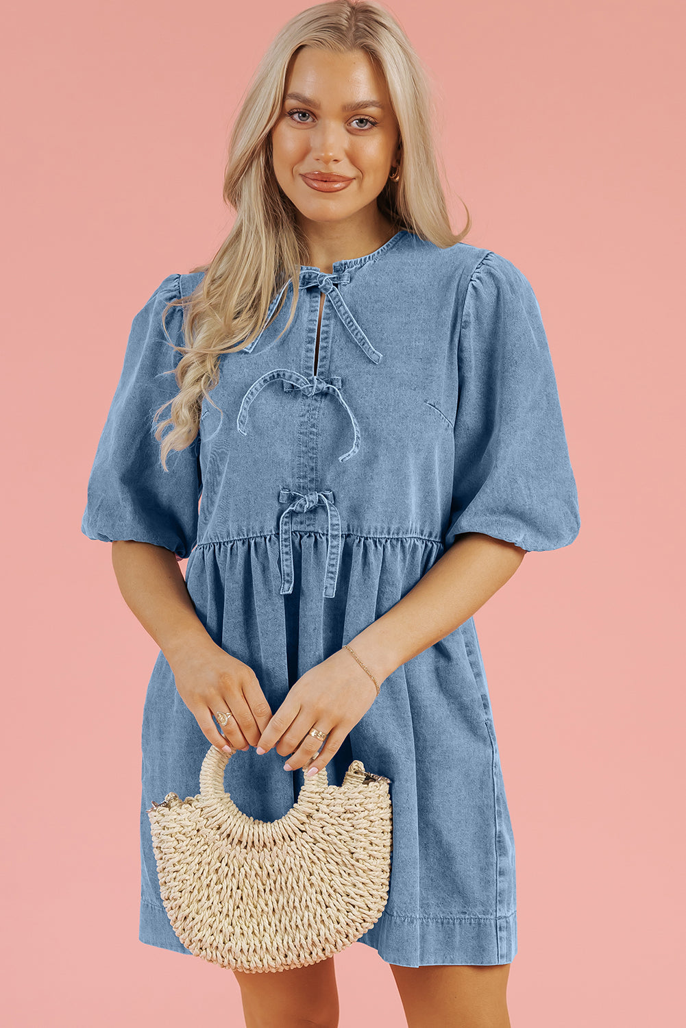 Bowknot Bubble Sleeve Short-Length Denim Dress
