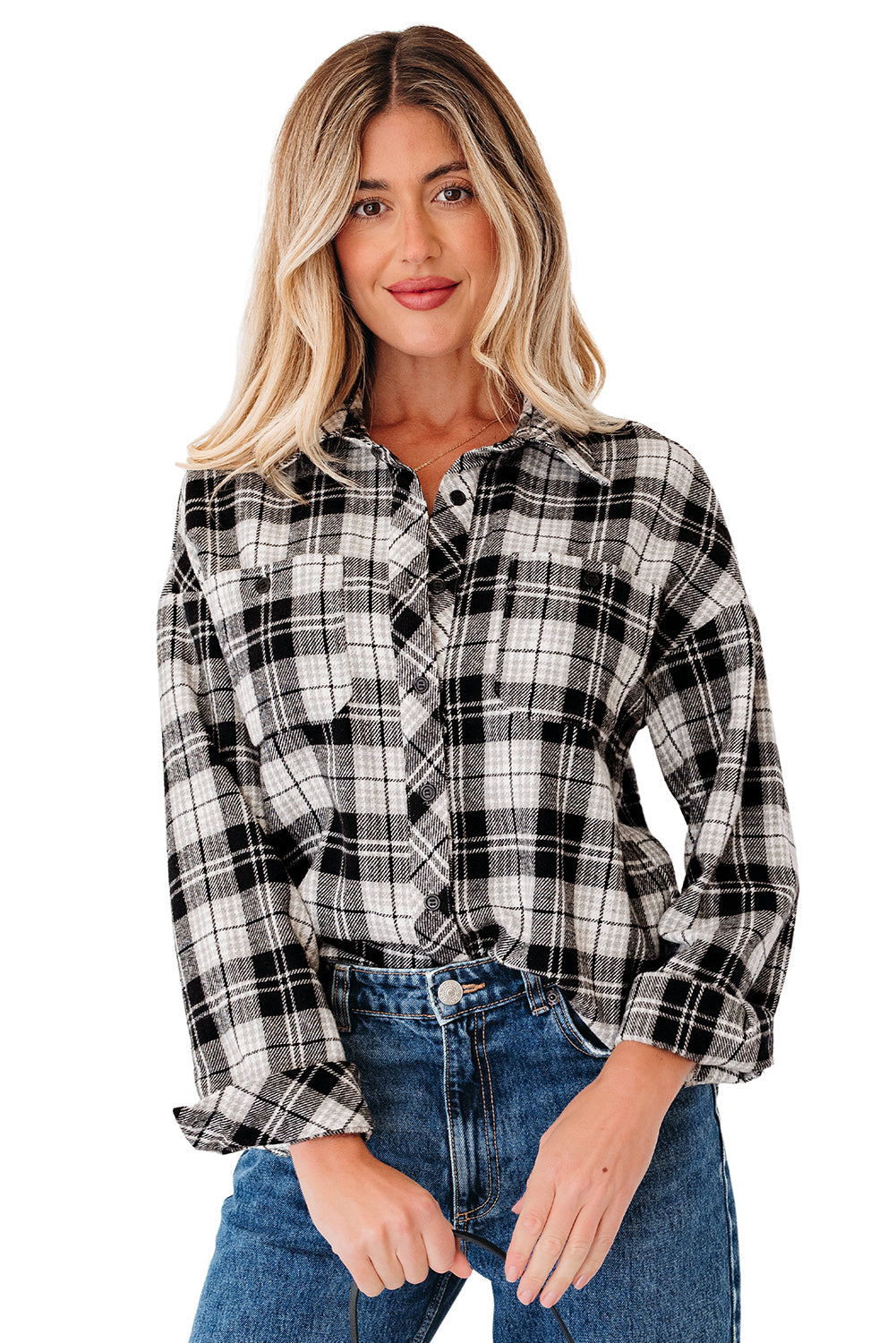 Chest Plaid Print Pockets Button-Front Shirt