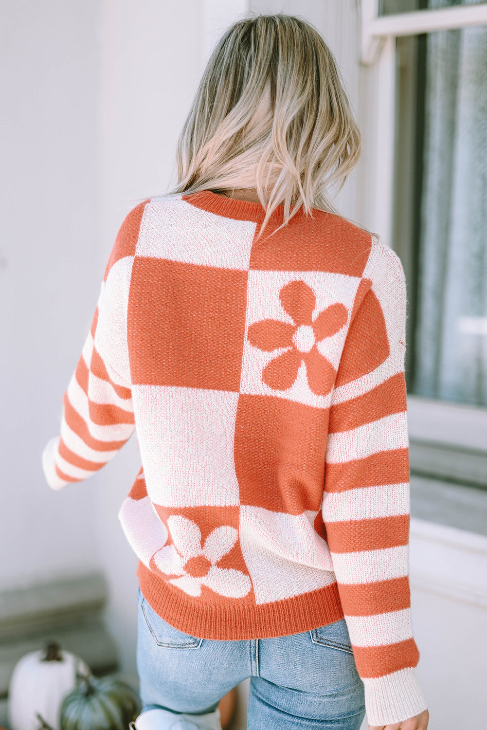 Women's Sweater Featuring Checked Floral-Print Print Striped