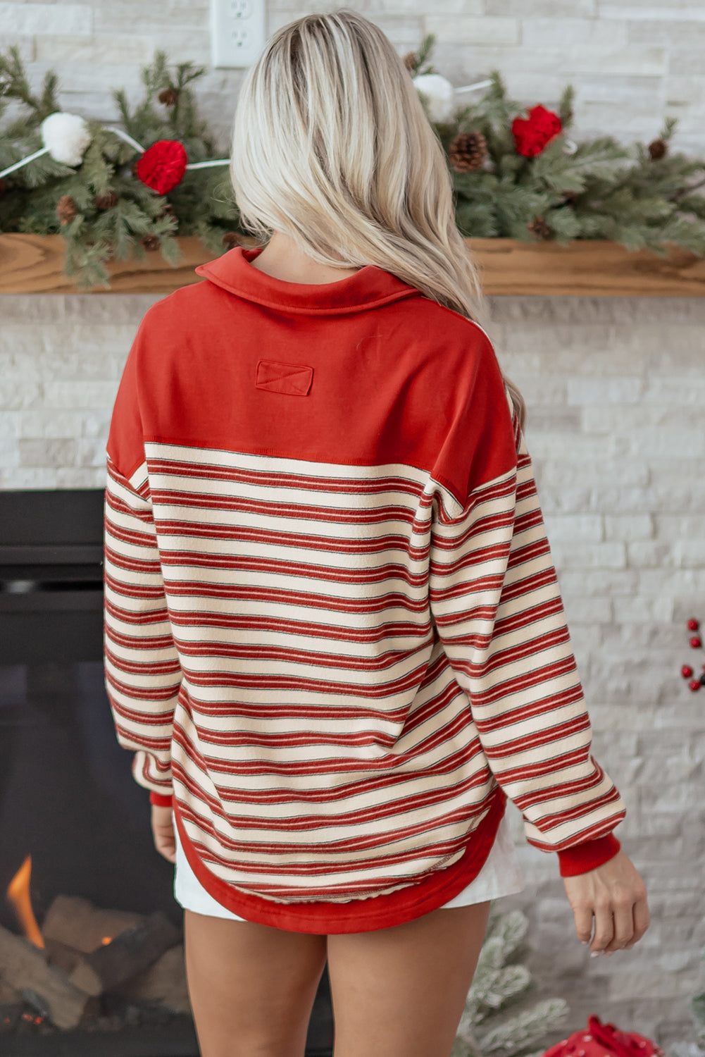 Button-Front V-Neck Collared Drop-Shoulder Top