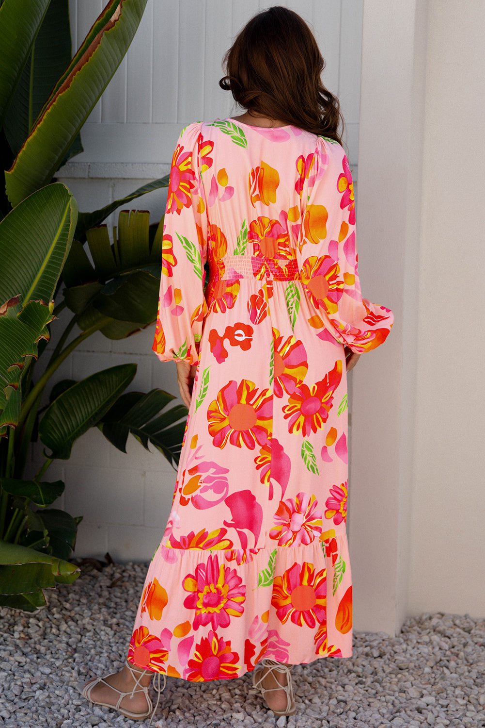 Floral-Print Smocked Detail V-Neck Puff Sleeve Flowy Maxi Dress