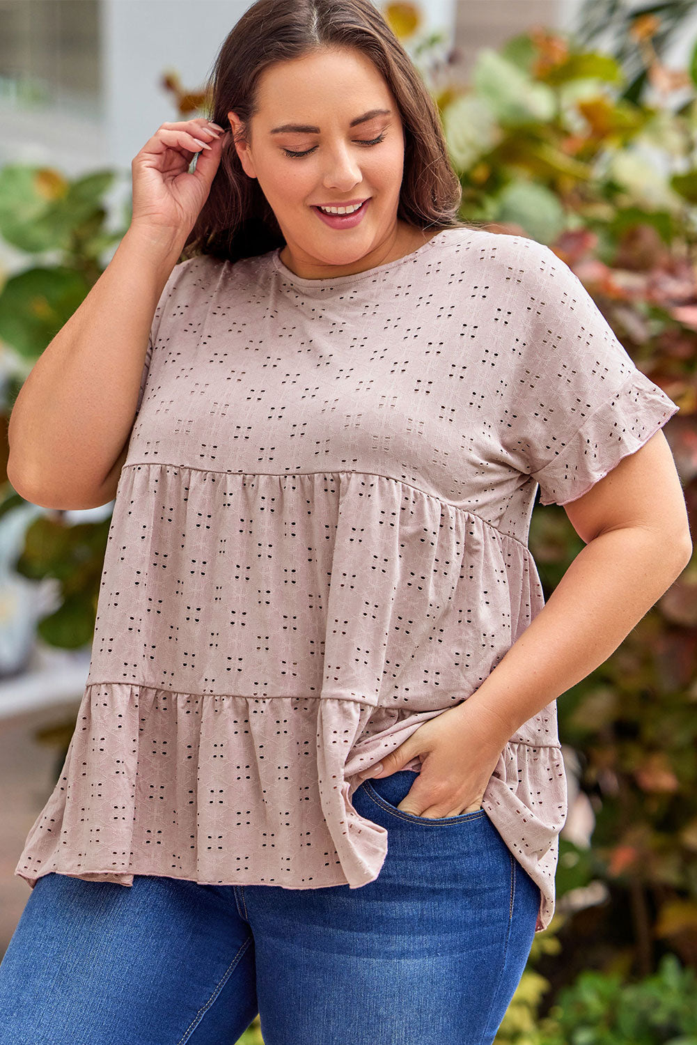 Babydoll Top for Women Plus Size Eyelet Pattern Ruffle-Trimmed Sleeve