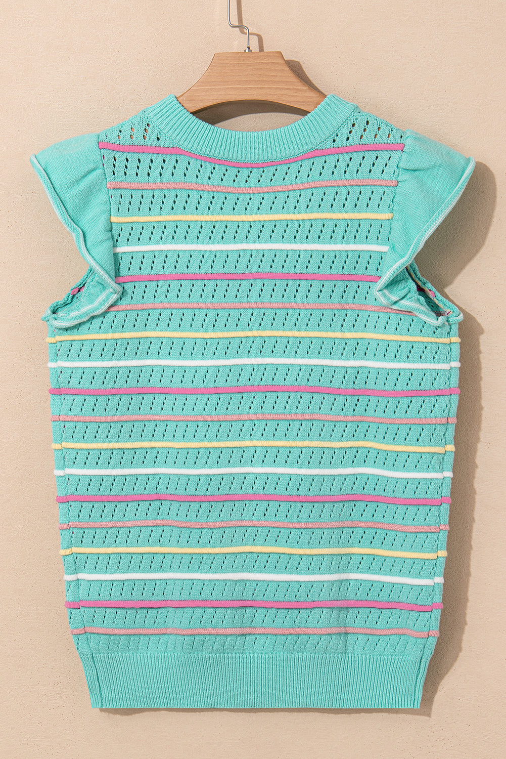 Colorful Striped Eyelet Knit Ruffled Sleeve Sweater T Shirt