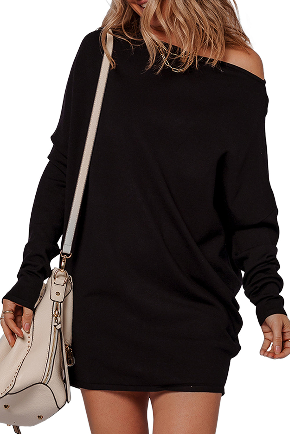 Asymmetric Sleeve Neck Batwing Shift Mini Knit Top Dress