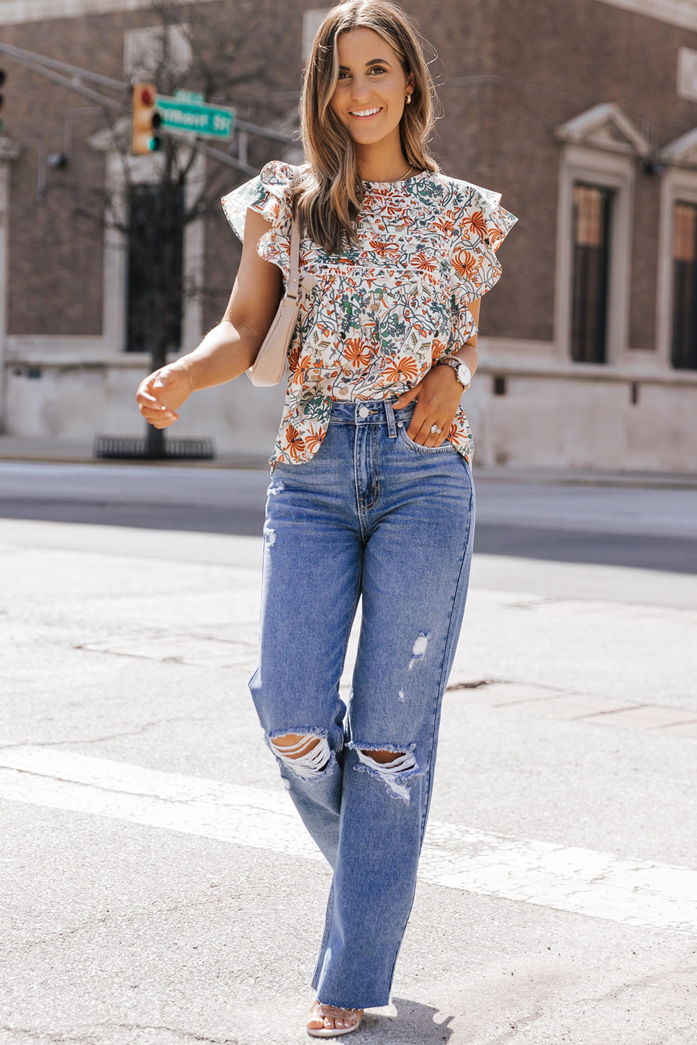 Women's Shirred Ruffle-Trimmed Sleeve Floral-Print Blouse