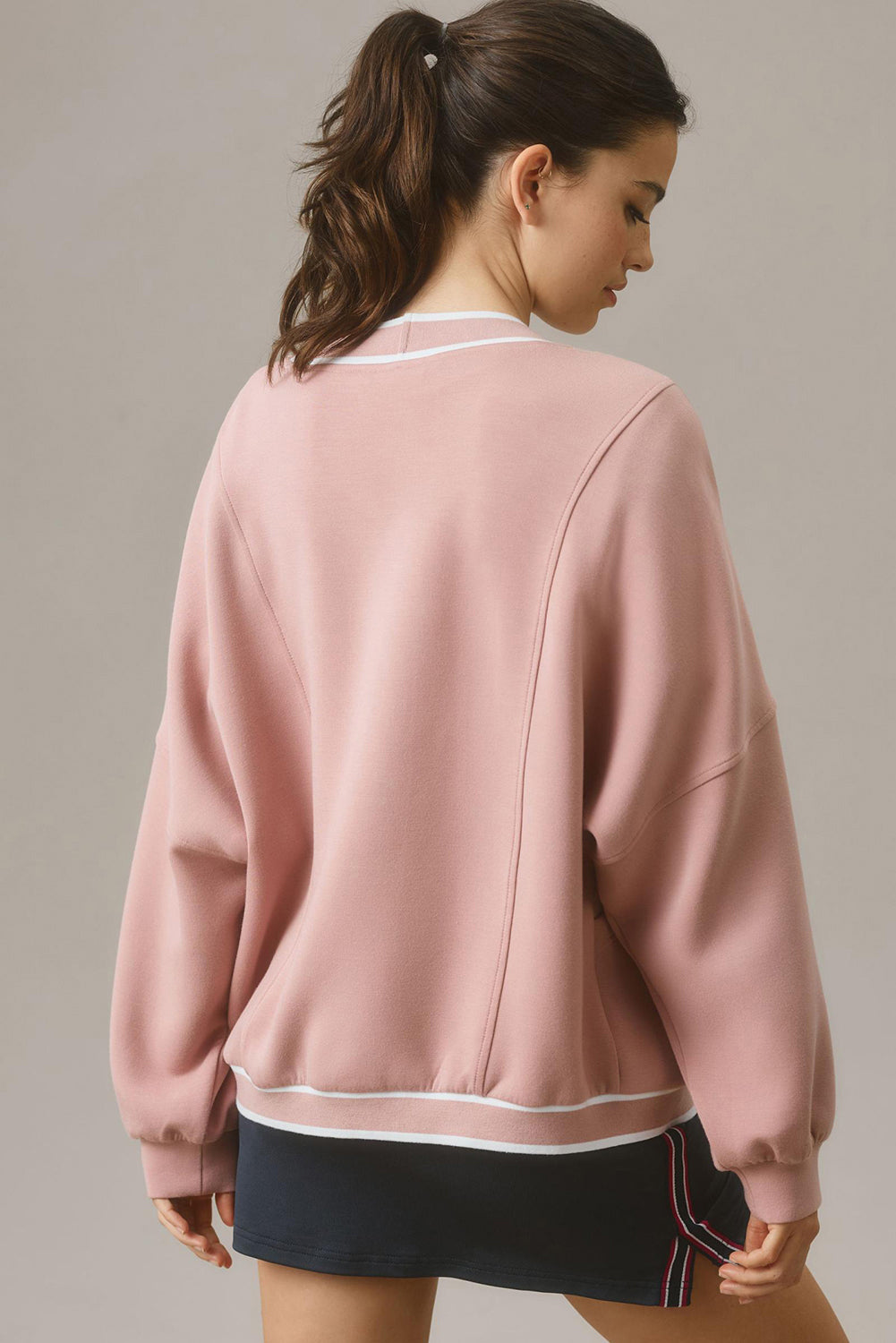 Stripe Contrast Trim Button-Front Pocket-Detail Knit Cardigan in Pink