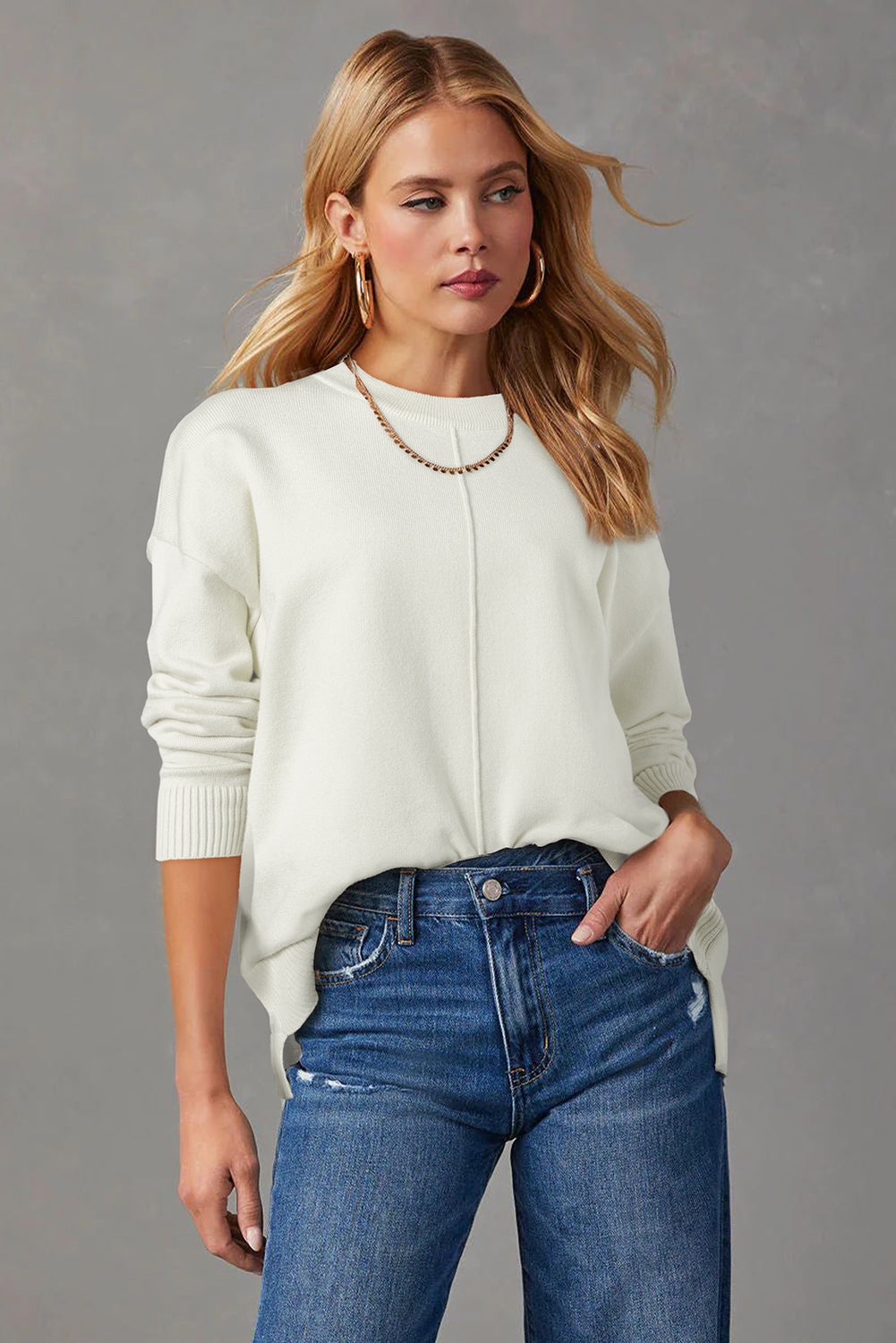 Center Seam Front Seam Drop-Shoulder Pullover Solid Knit Top