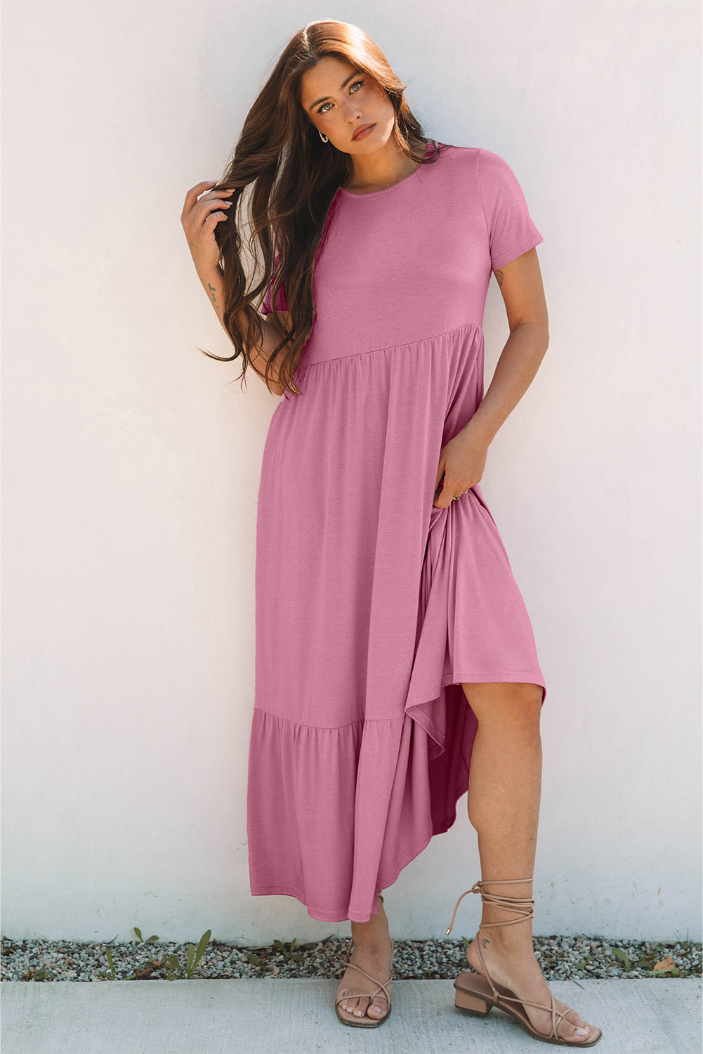 Solid Color T-shirt High Waist Pocketed Long Dress