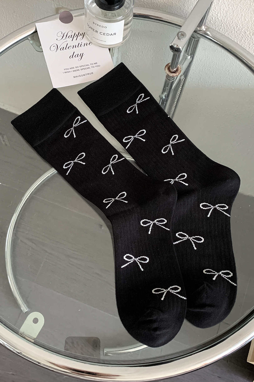 Print Bow Knot Rib-Knit Crew Socks