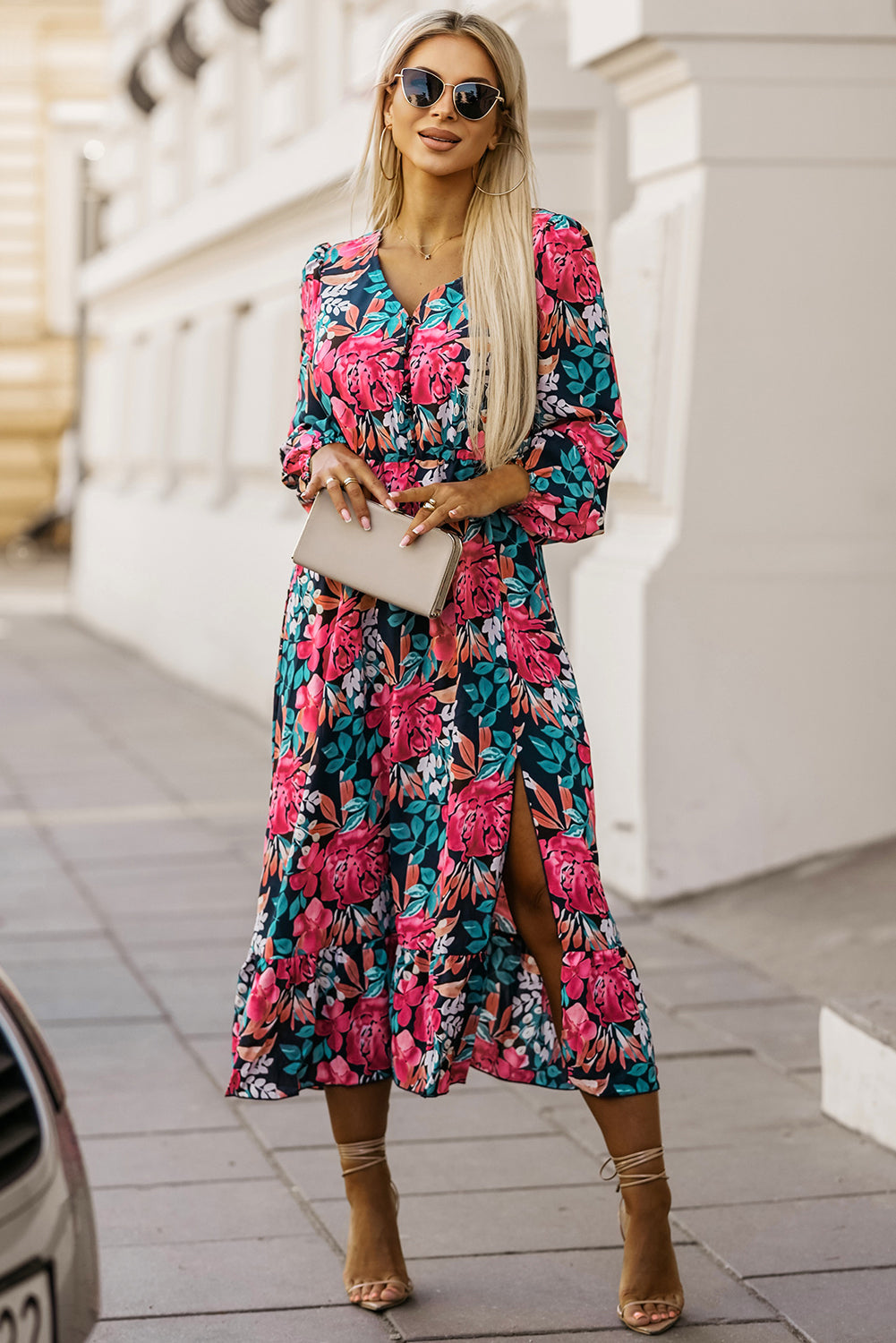 Women's Elastic High-Rise Split Floral-Print V Neck Dress