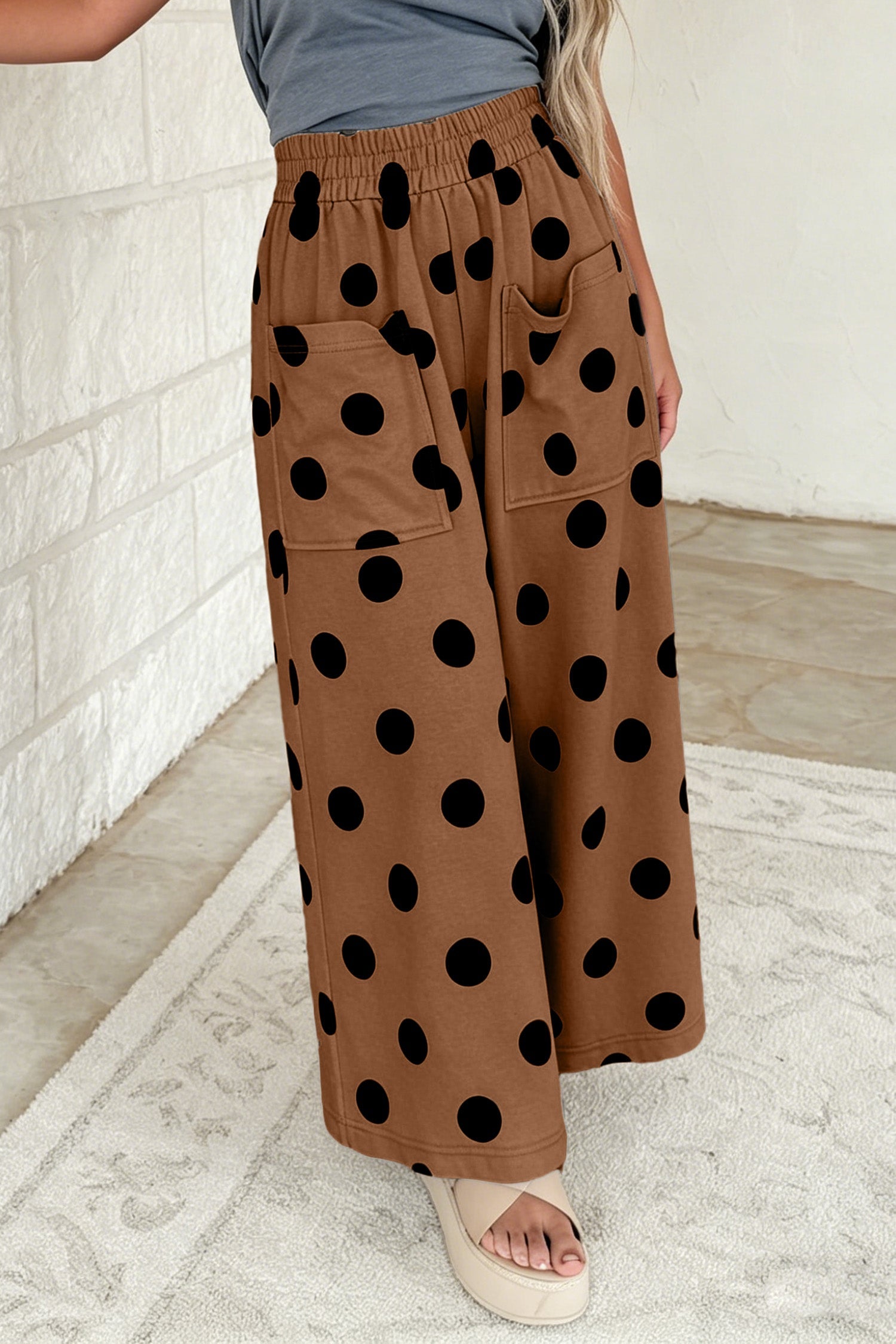 Elastic Polka-Dot Wide-Leg Waist Everyday Pants in Brown