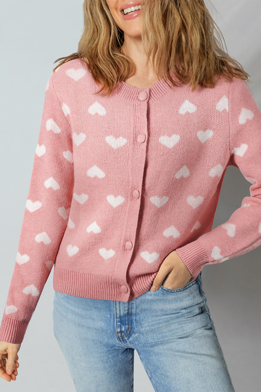 Heart Front Pattern Button Cardigan Knit Top in Light Pink