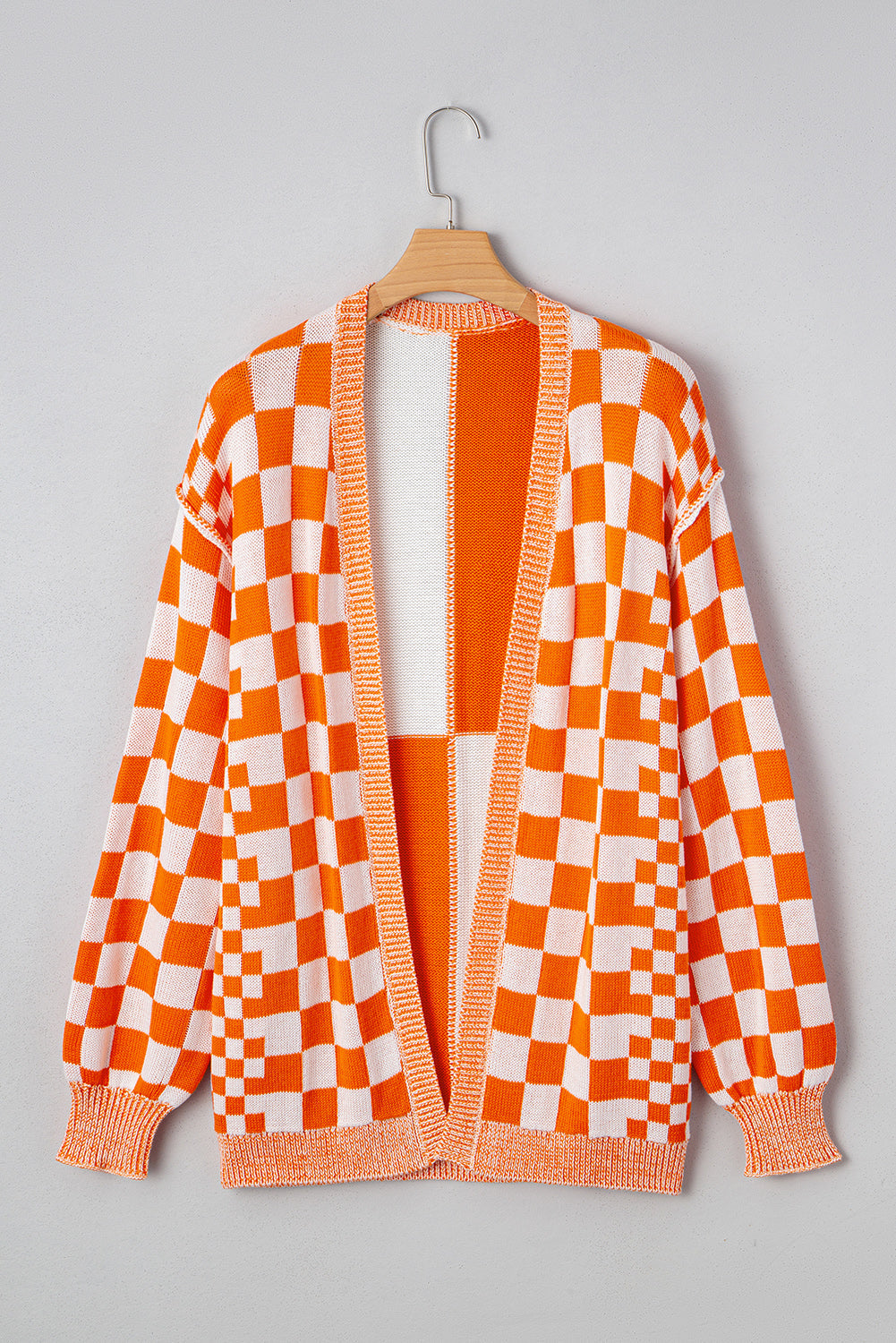 Open-Front Drop-Shoulder Checkered Drop-Shoulder Cardigan in Orange