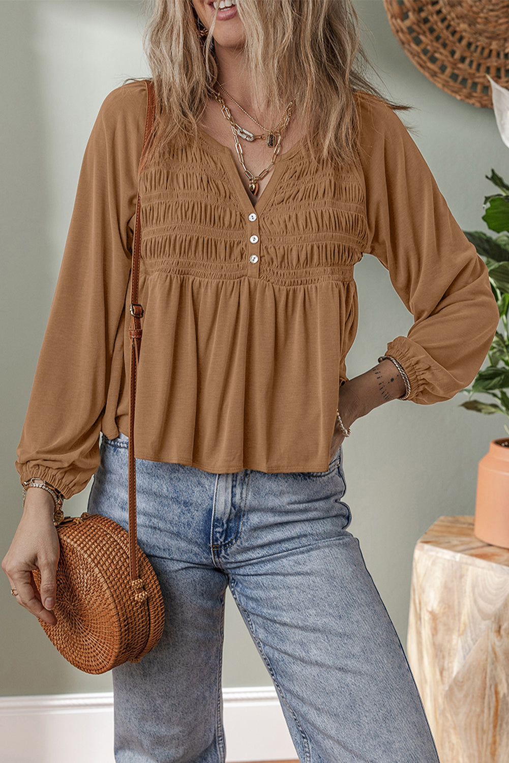Button-Front Smocked Bust Split V-Neck Flow Fit Blouse