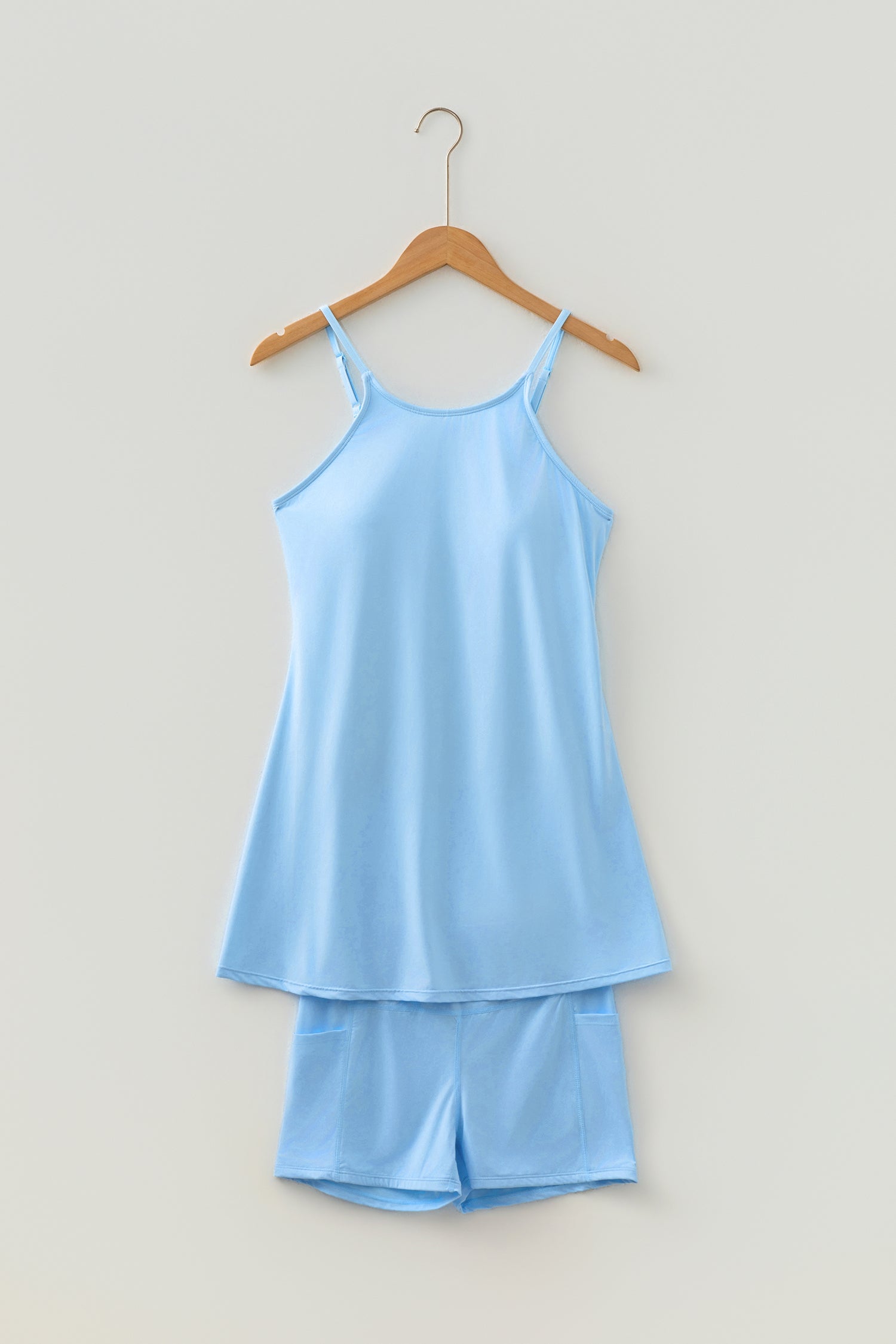 Tunic Tank Dress Athletic Shorts 2-Piece Outfit in Beau Blue