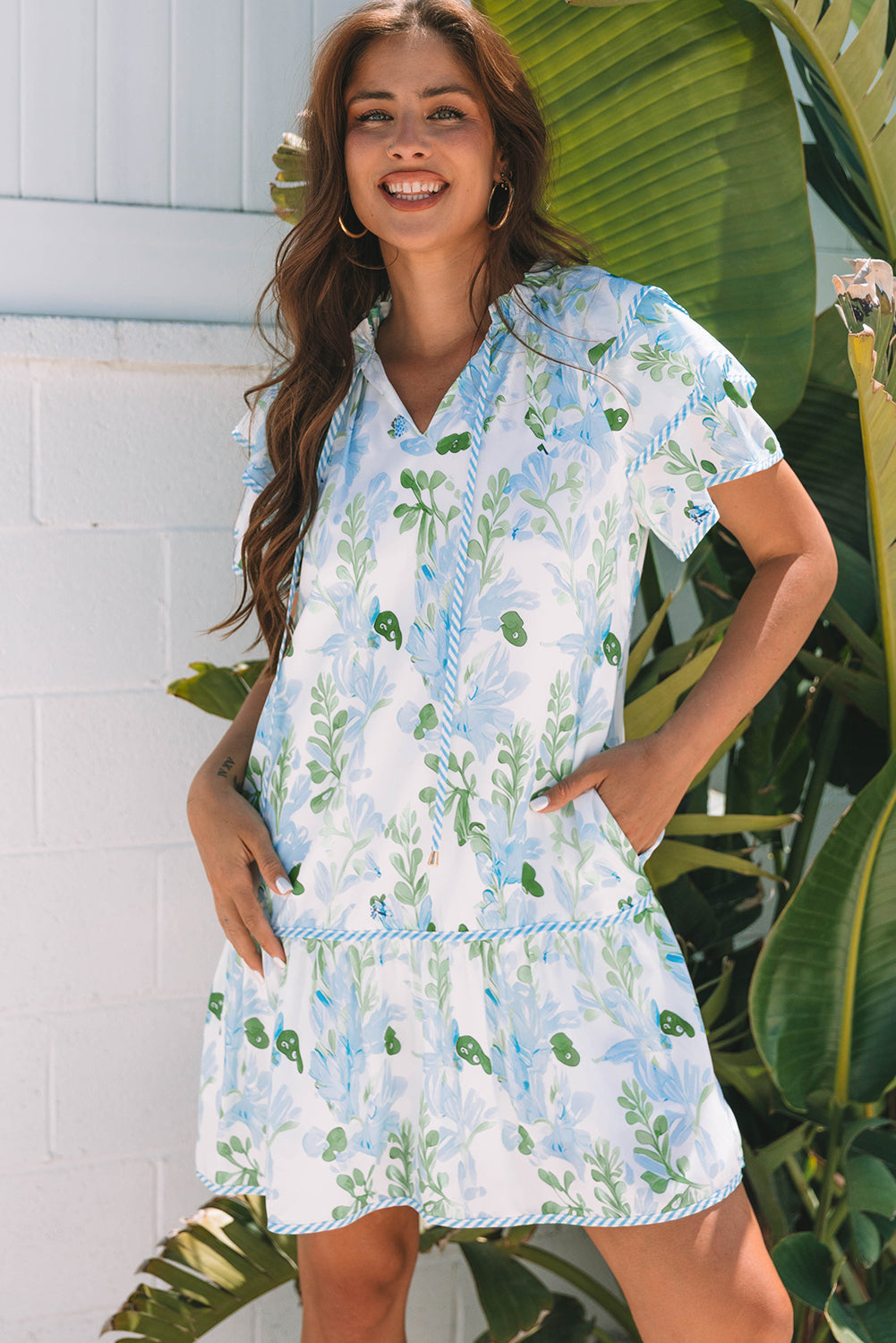 Blue Cute Sky Floral Layered Short-Sleeved Mini Dress