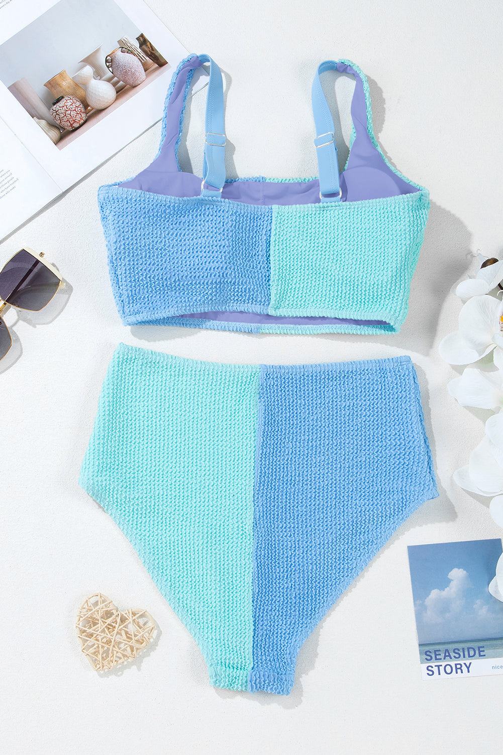 Square Corded Colorblock Neck Bikini Swimsuit in Sky Blue
