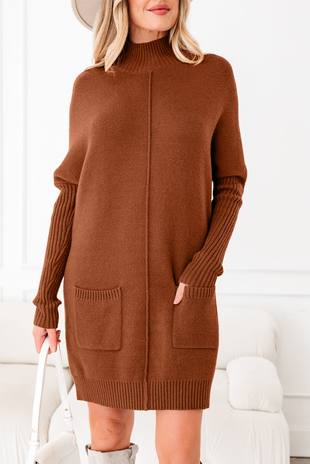 Neck Rib-Knit High Front Pockets Center Seam Shift Knit Top Dress