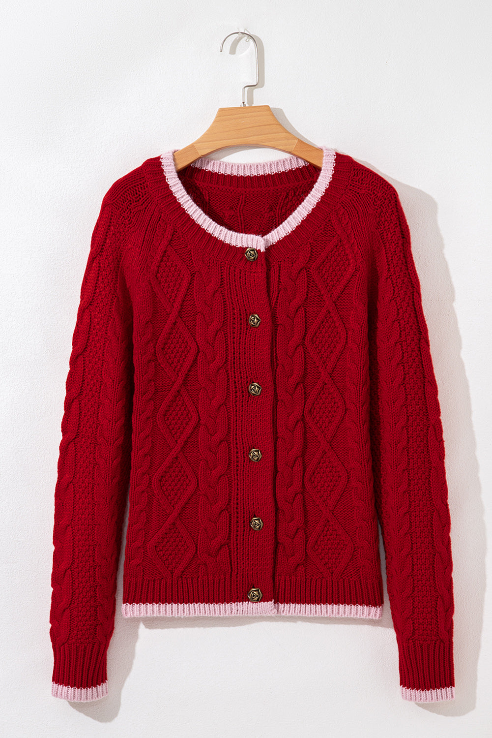 Color Contrast Edge Cable Knit Button-Front Cardigan in Red