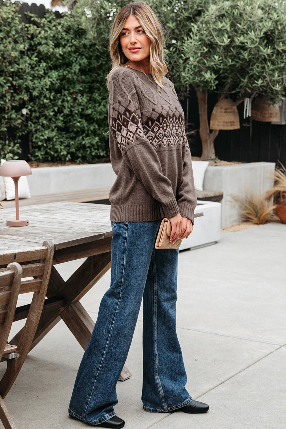 Patterned Western Geometric Crew-Neck Knit Knit Top