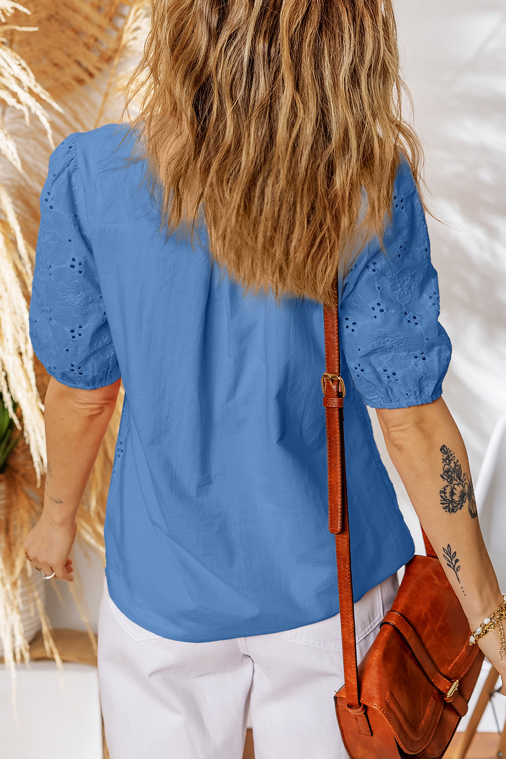 Lace Crochet V-Neck Half Sleeve Embroidery Button Down Blouses Everyday Shirts Style