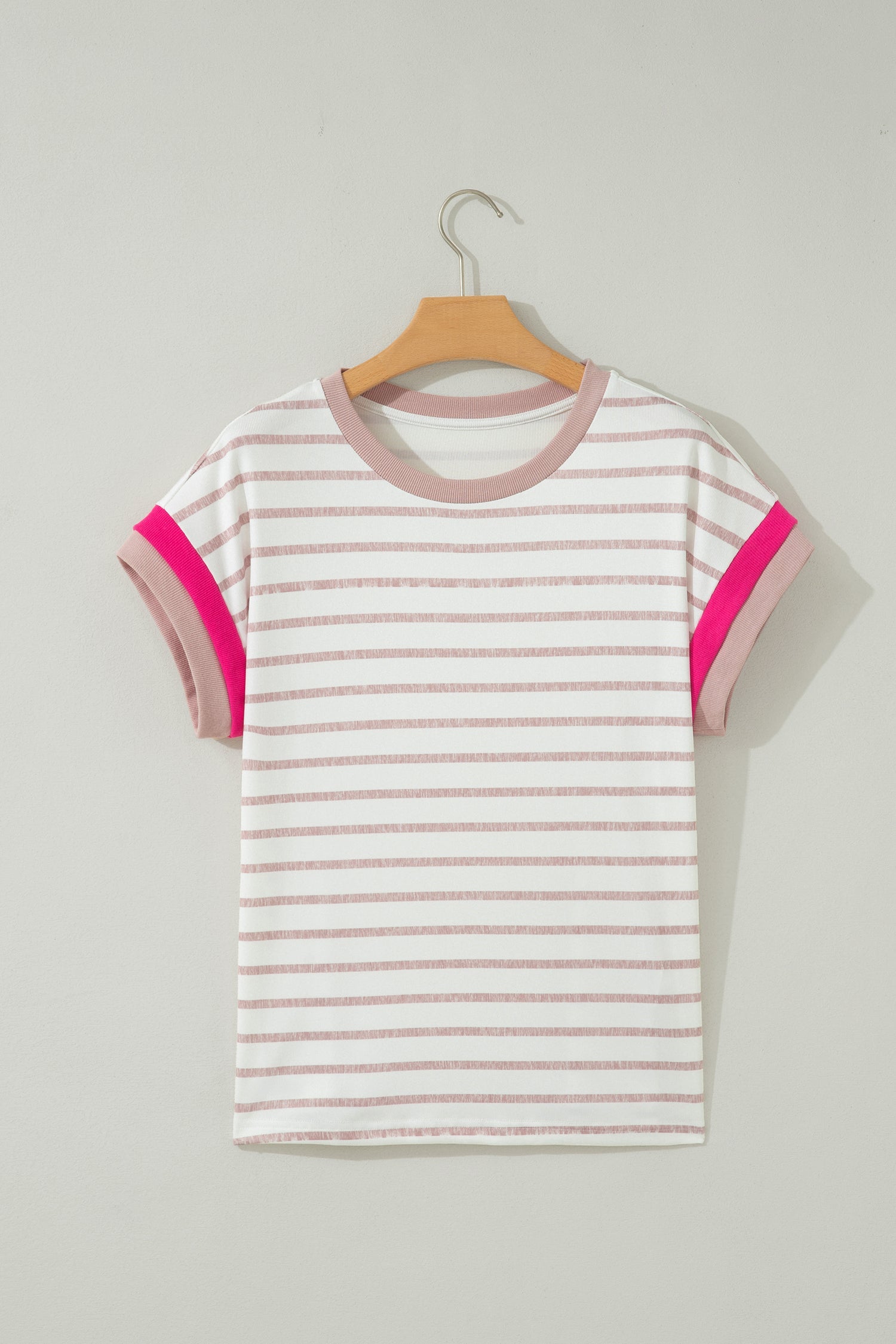 Trim Stripe Colorblock Round-Neck Short-Sleeved Top in Khaki