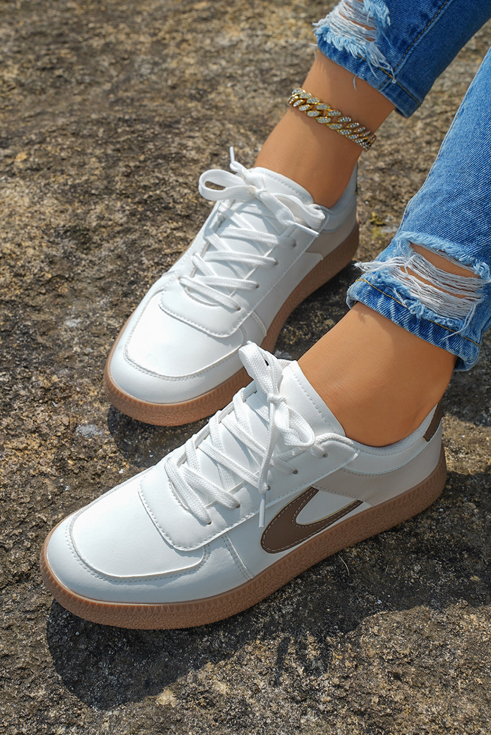 Color Contrast PU Leather Lace-up Sneakers