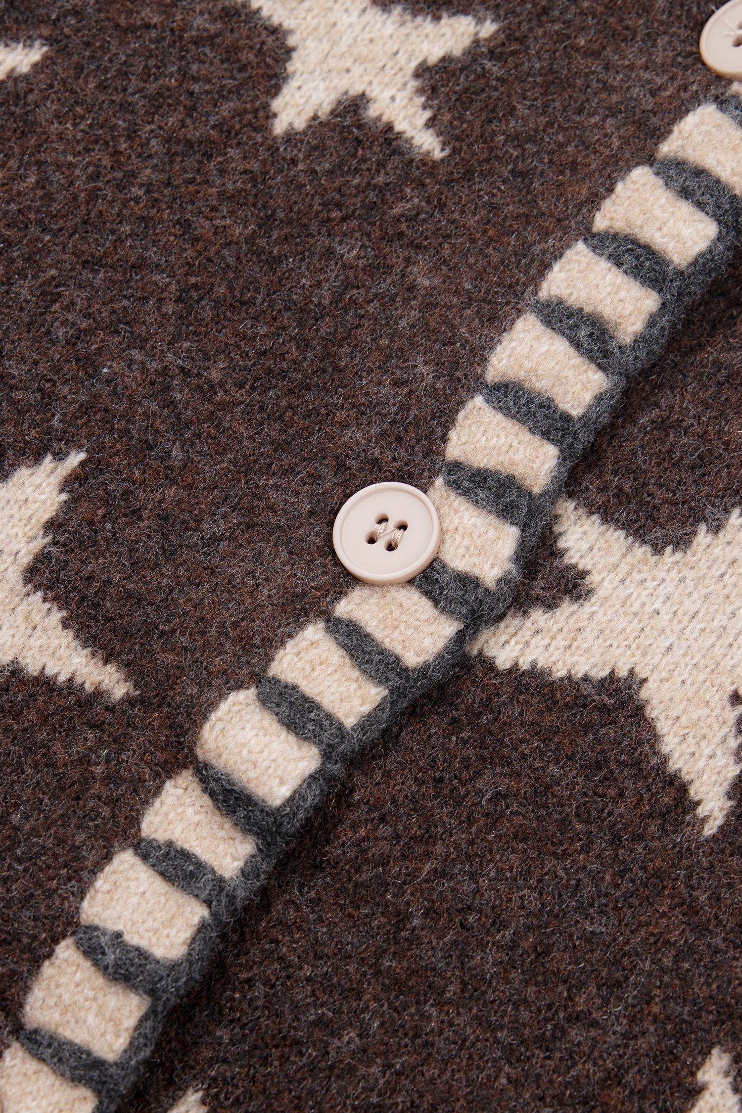 Stars Pattern Colorblock Long-Sleeved Shift Wool Cardigan in Brown