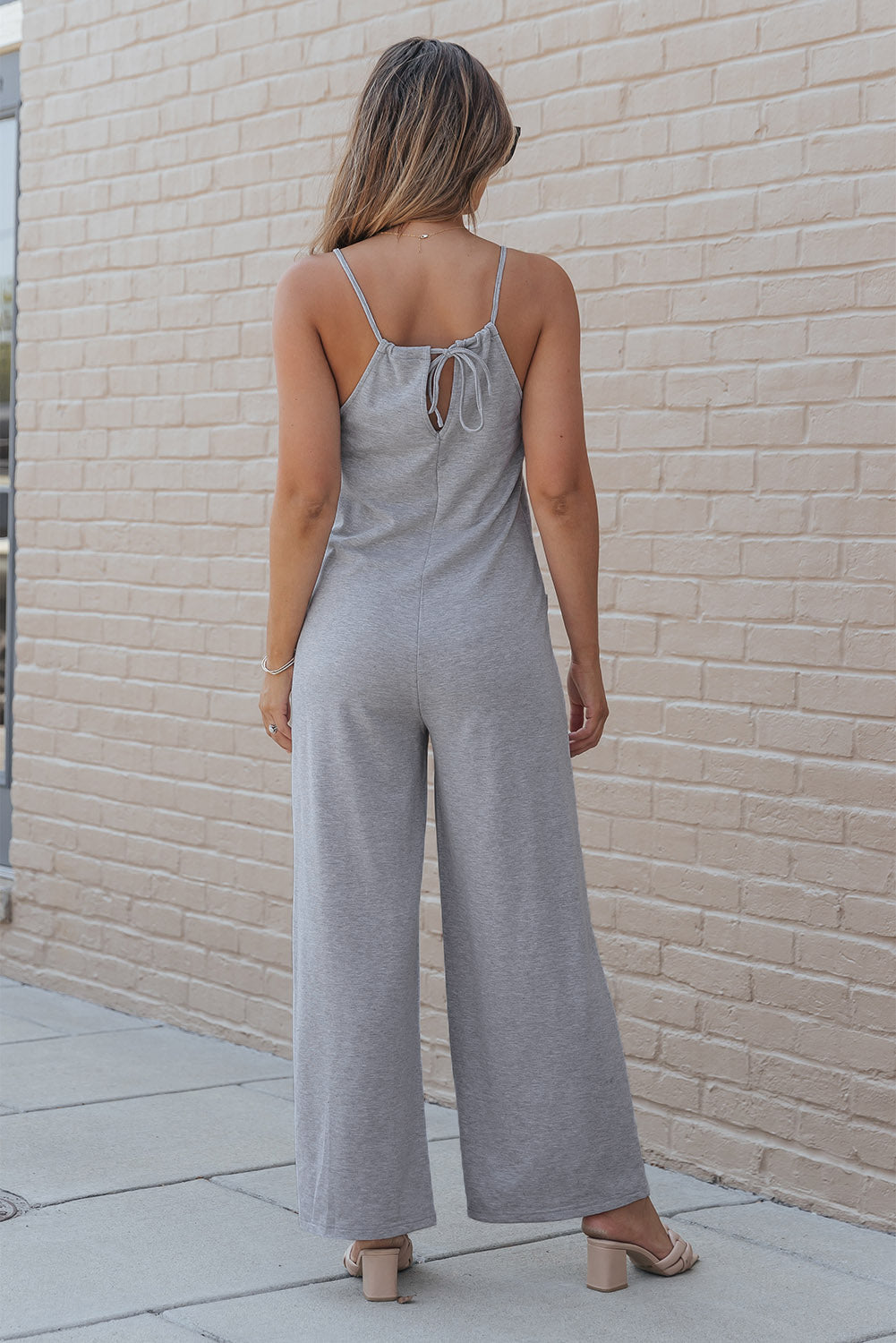 Women's Leg Jumpsuit Featuring Spaghetti Strap Wide Patch Pockets