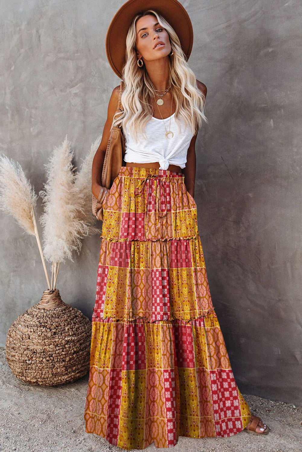 Tiered Pocket-Detail Paisley Print Maxi Skirt in Orange