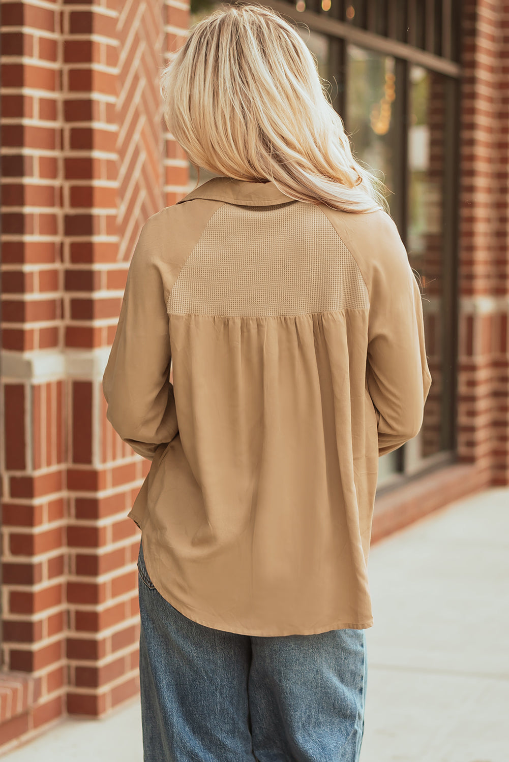 Patchwork Button-Front Waffle Button-Front Frayed Hem Shirt