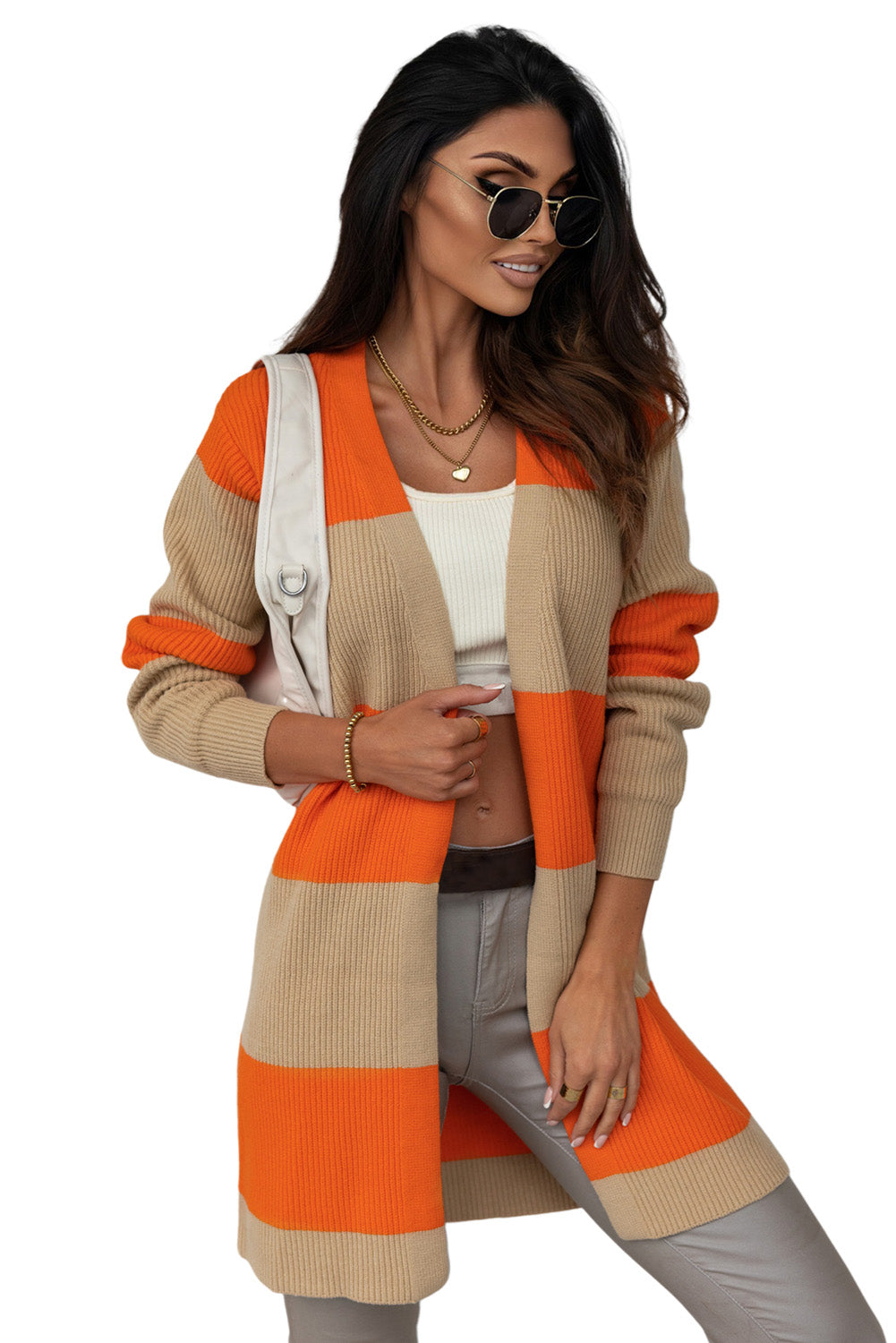 Cardigan en tricot côtelé orange color block