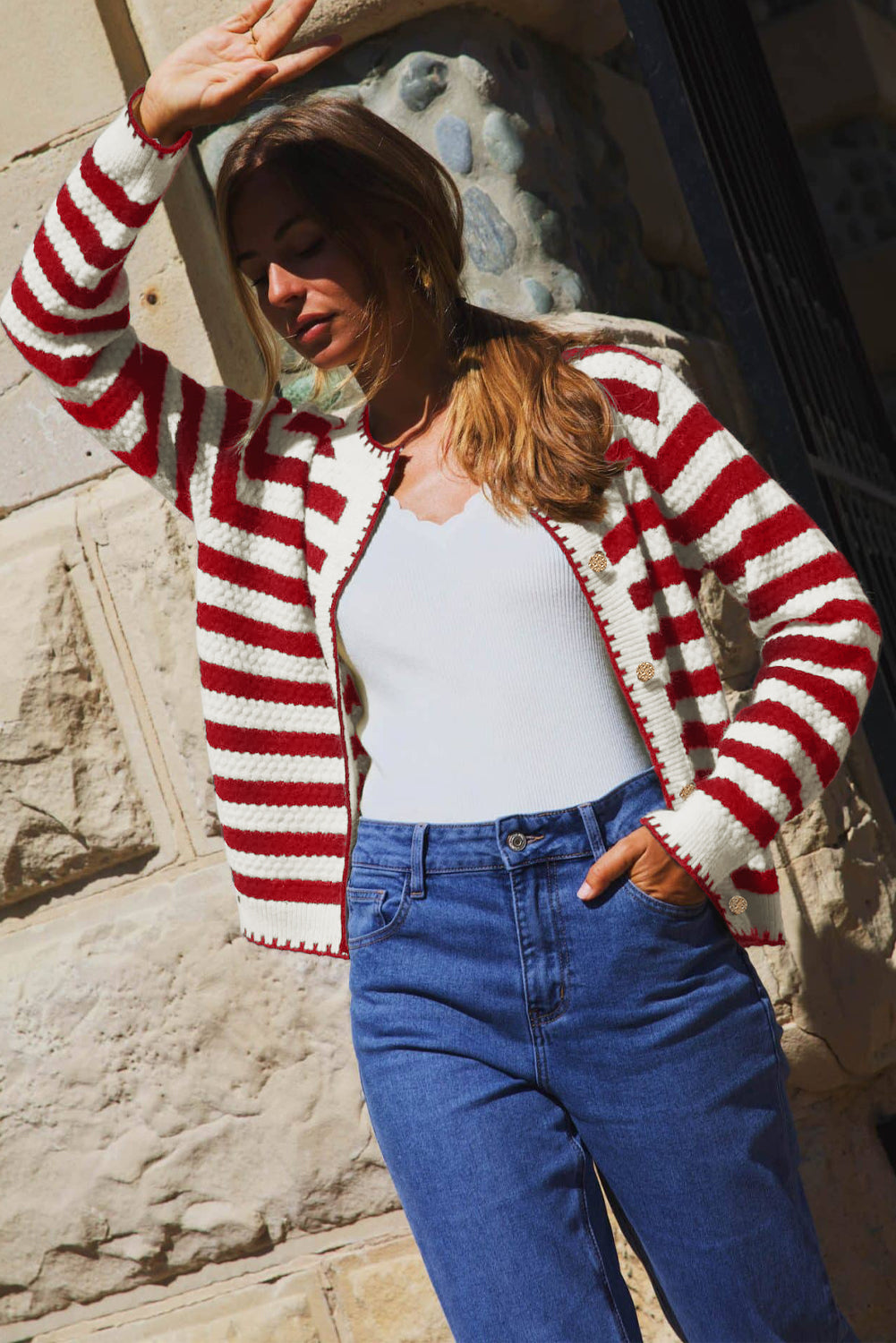 Stripe Button Polished Golden Cardigan Knit Top in Red