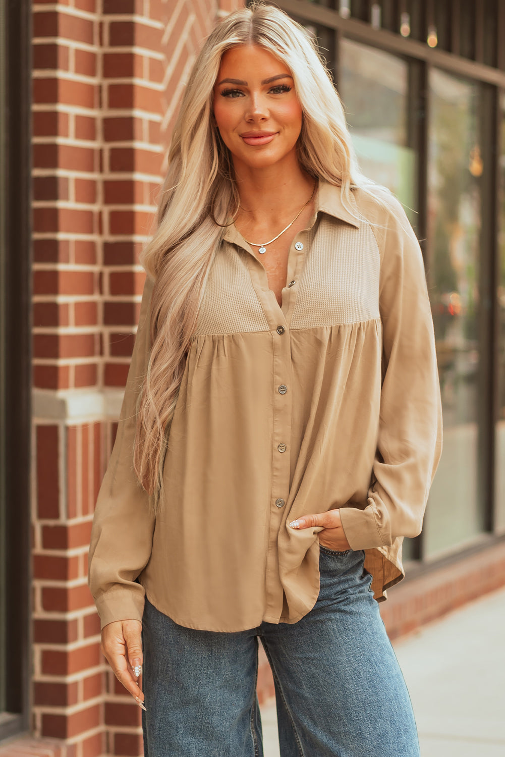 Patchwork Button-Front Waffle Button-Front Frayed Hem Shirt