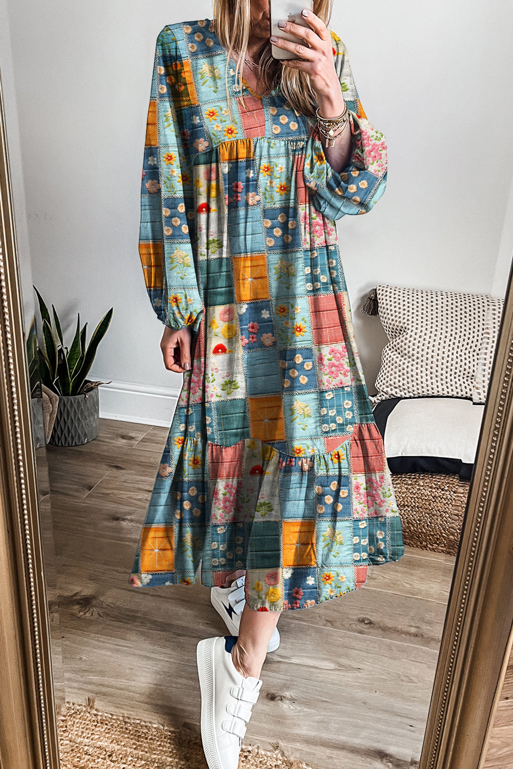 Checkered Mix Floral Pattern Bubble Sleeve Ruffle Hem Dress
