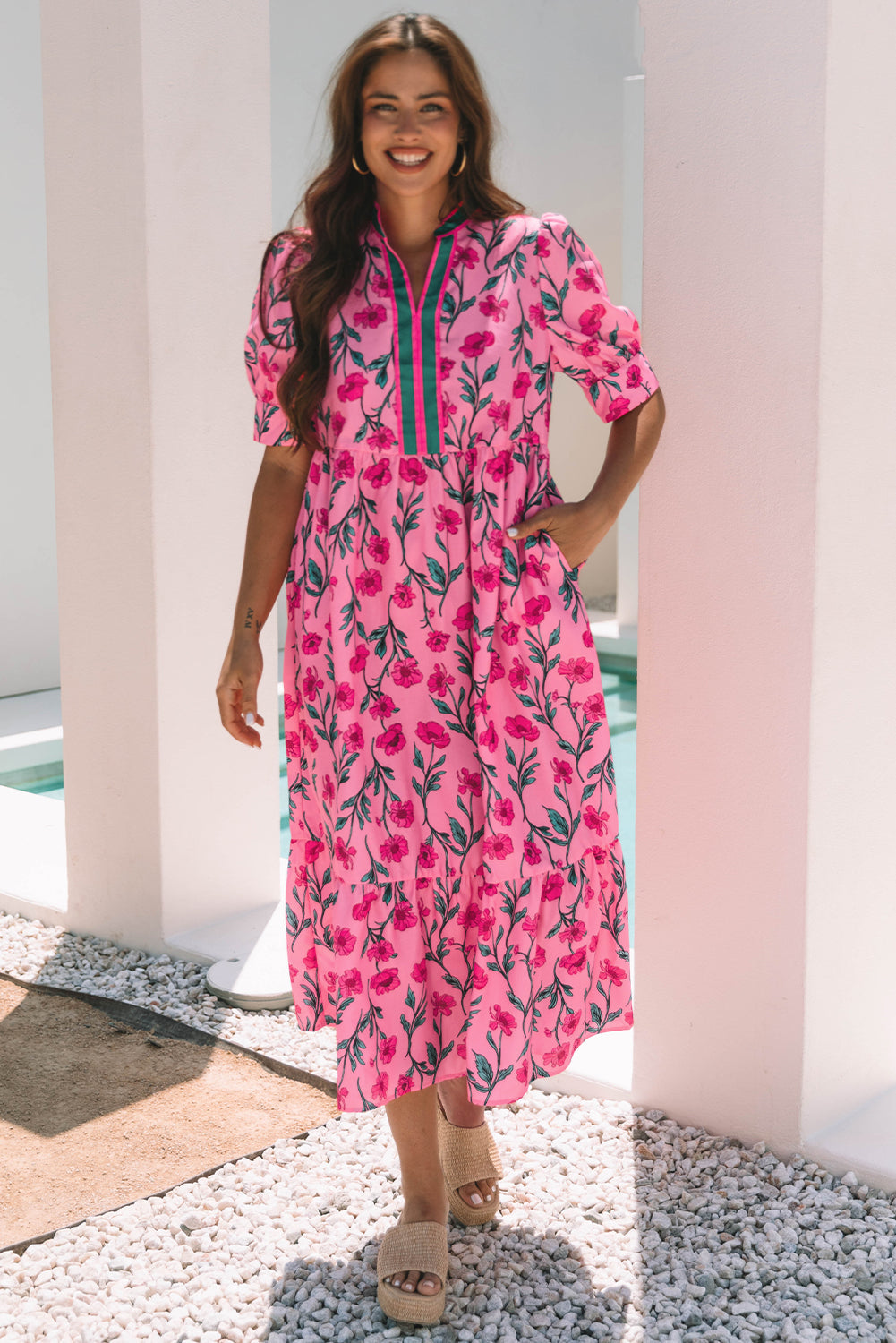 Neckline Floral Contrast A-line Puff Sleeve Long Dress