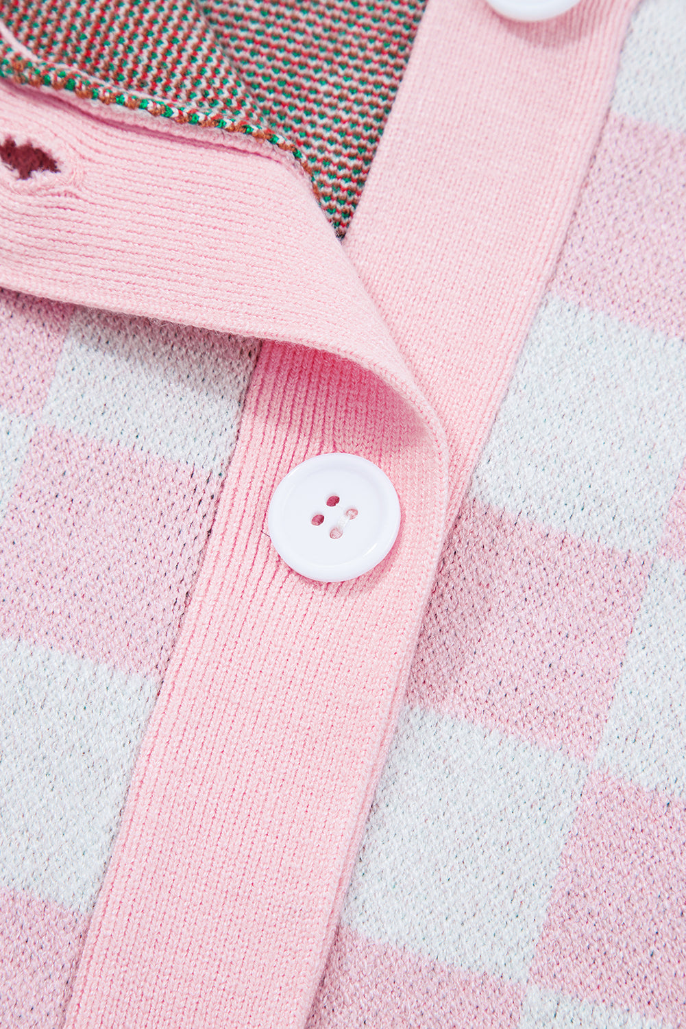 Checkered Christmas Tree Pattern Button V-Neck Cardigan Knit Top