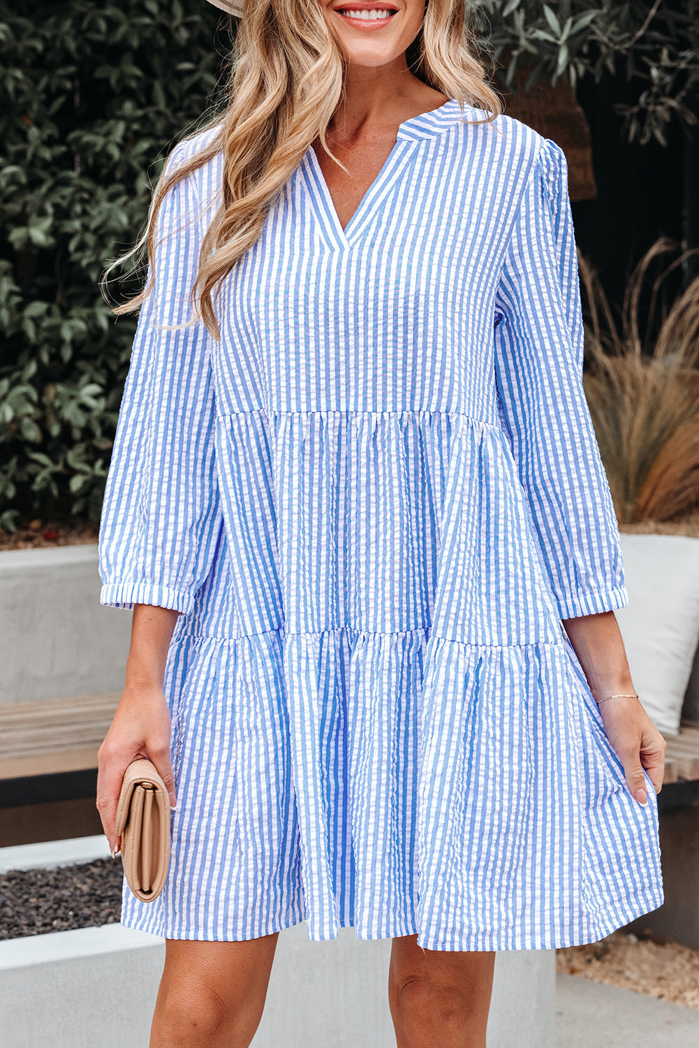 Tiered Bracelet Sleeve Shift Dress Featuring Pockets